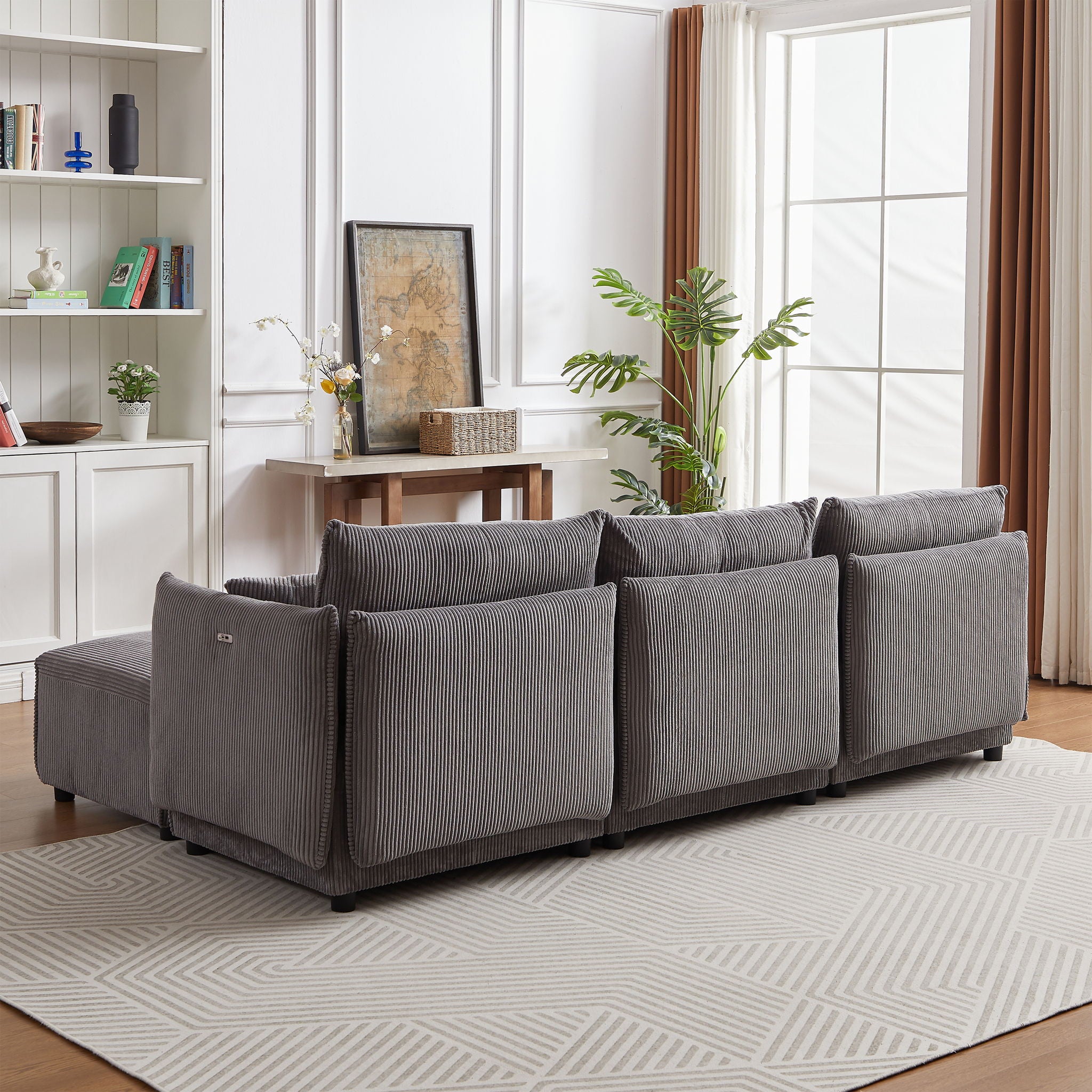 Modern Minimalist Corduroy Combination Sofa With 2 Comfort Cushions With USB & C Charging Ports