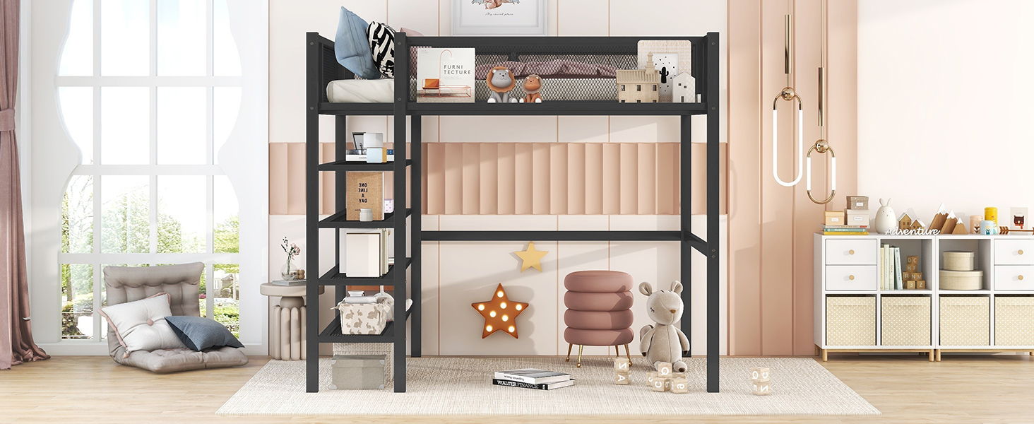 Loft Bed With 4 Tier Shelves And Storage