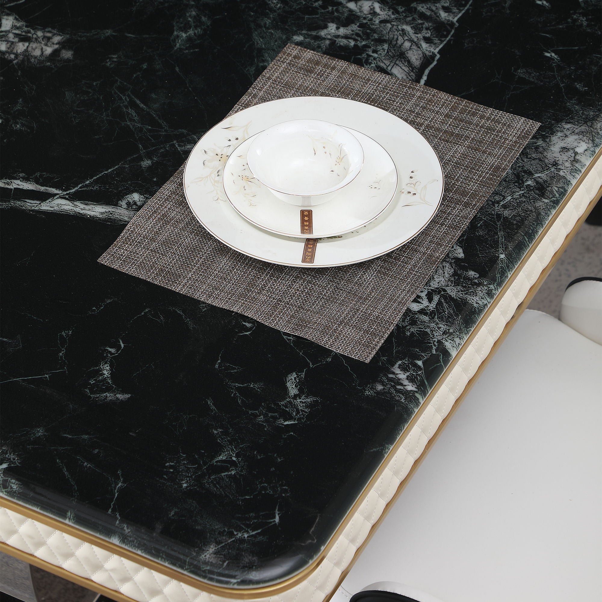 Luxury Modern Dining Table With Faux Marble Top And Dual Circle Base - Black