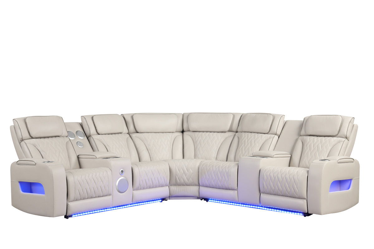 Jazz 117"W Ice Leather Aire Transformer Power Reclining Sectional Sofa with Power Headrest, Bluetooth Speakers, LED Lights, USB & USB-C Ports, Storage & Cupholders
