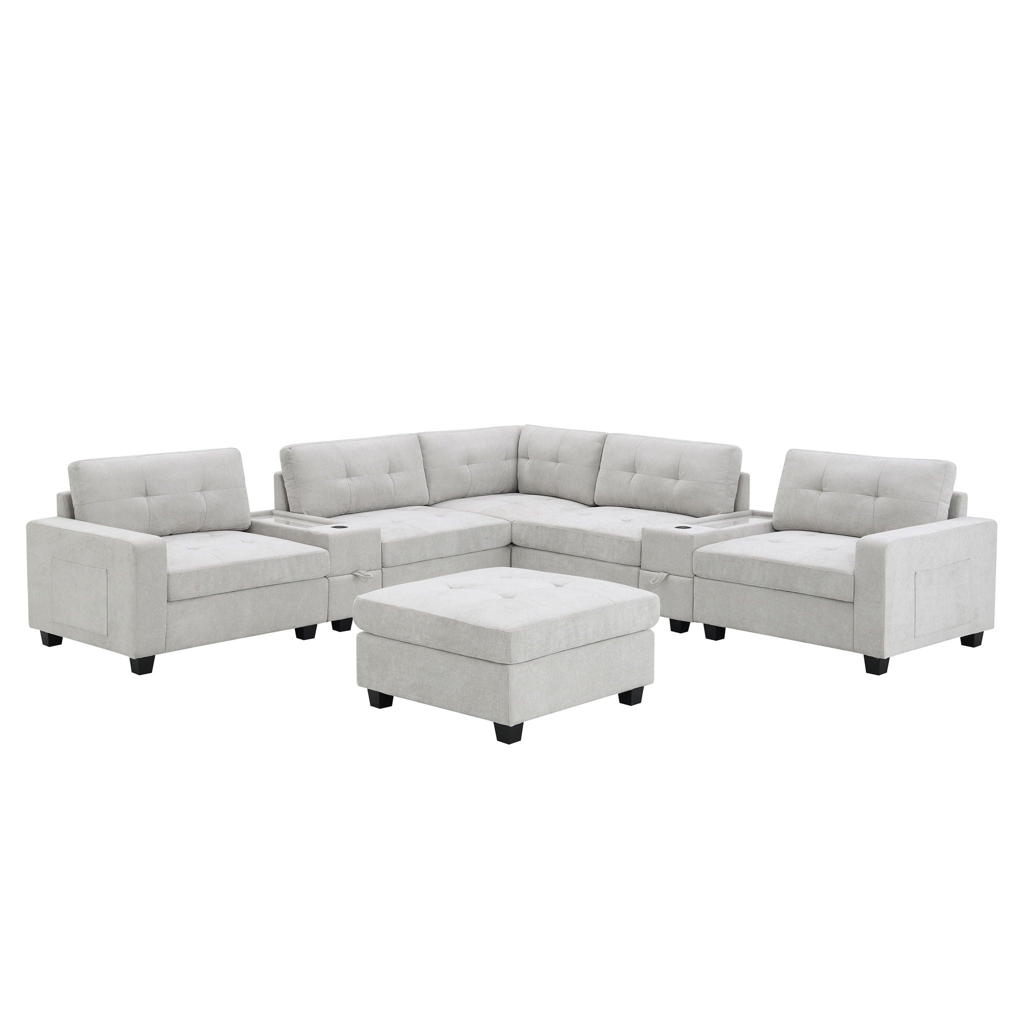 Sectional With Acrylic Table Top U Shaped Couch Set With 2 Consoles USB Charger, Storage Drawers And Pockets Movable Ottoman Tufted Sofa