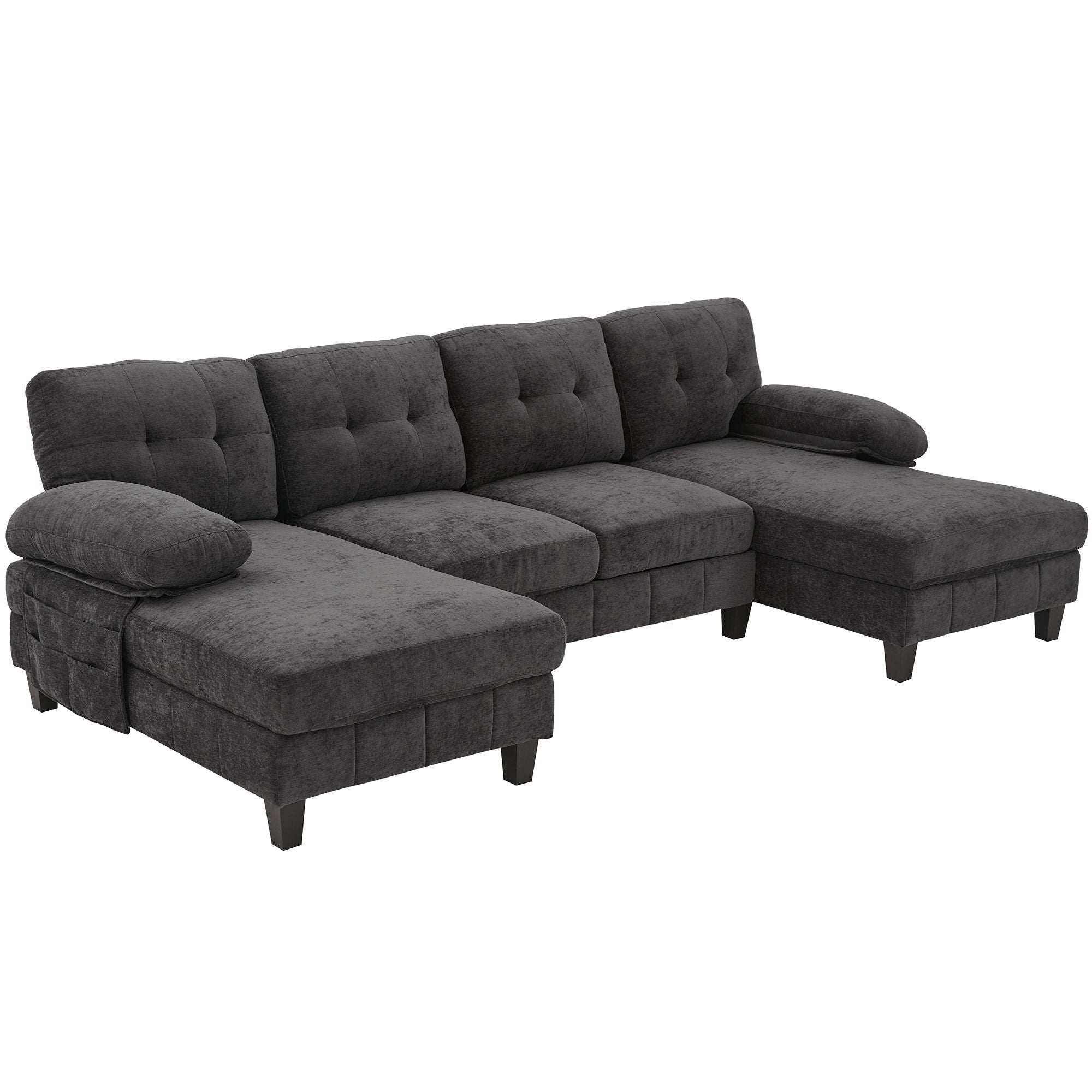 U-Shaped Sectional Sofa 103.5" Black Chenille Fabric Couch With Dual Chaise Lounges, Storage Pockets, Armrest Pillows