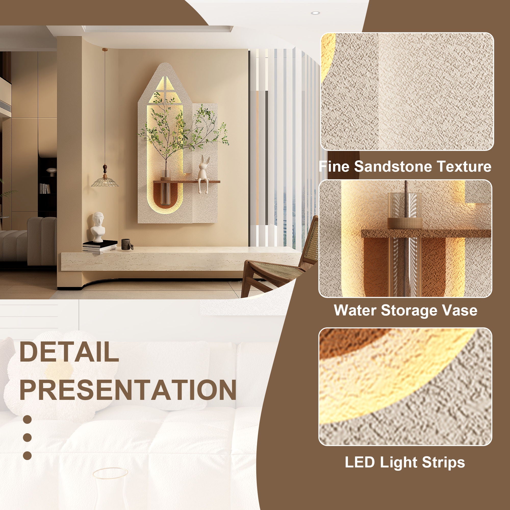 Adjustable 3 Color LED Sandstone Wall Decor With Simulated Plants, Glass Vase & Rabbit Statue - Light Coffee