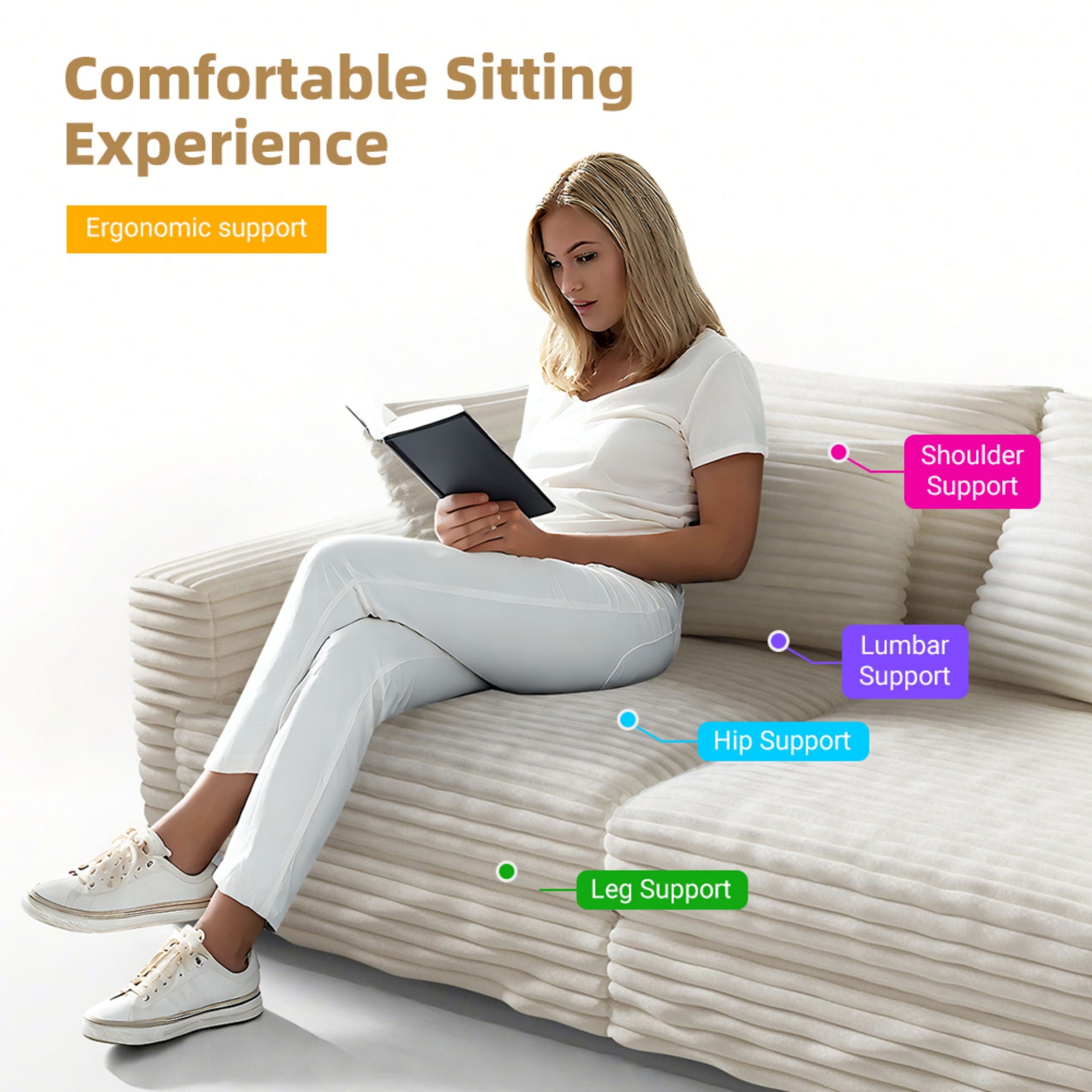 Plush Corduroy 4 Seat Sofa, Modern Comfy Upholstered Sofa Cloud Couch, Deep Seat Couches With Soft Pillows