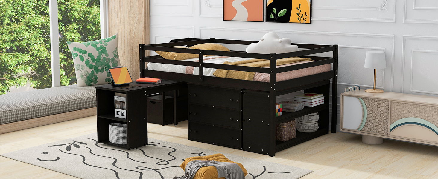 Loft Bed With Retractable Writing Desk And 3 Drawers With Storage Stairs And Shelves