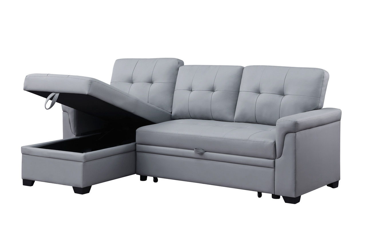 Lucca 84"W Gray Vegan Leather Modern Reversible Sleeper Sectional Sofa with Storage Chaise
