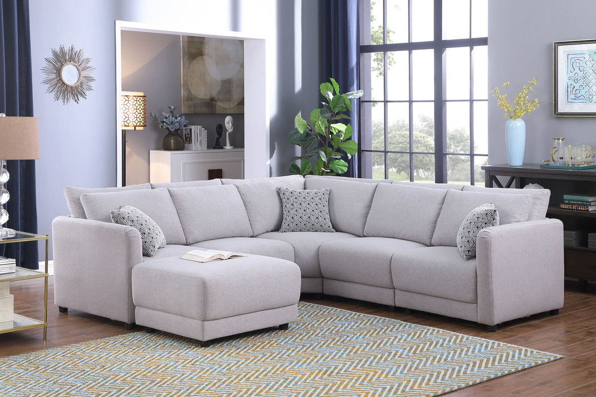 Penelope 94.5"W Light Gray Linen Fabric Reversible L-Shape Sectional Sofa with Ottoman and Pillows