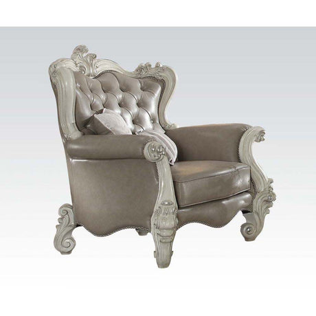 Assembled w/2 Pillows • Tight Back & Loose Seat Cushion • Seat Cushion Reversible?? w/Welted Edge • Button Tufted/Curved Back • Rolled/Flared Armrest • Curved Trim: Back/Crown/ Legs: Scrolled/Leaves Ornamental Details & Nailhead Trim