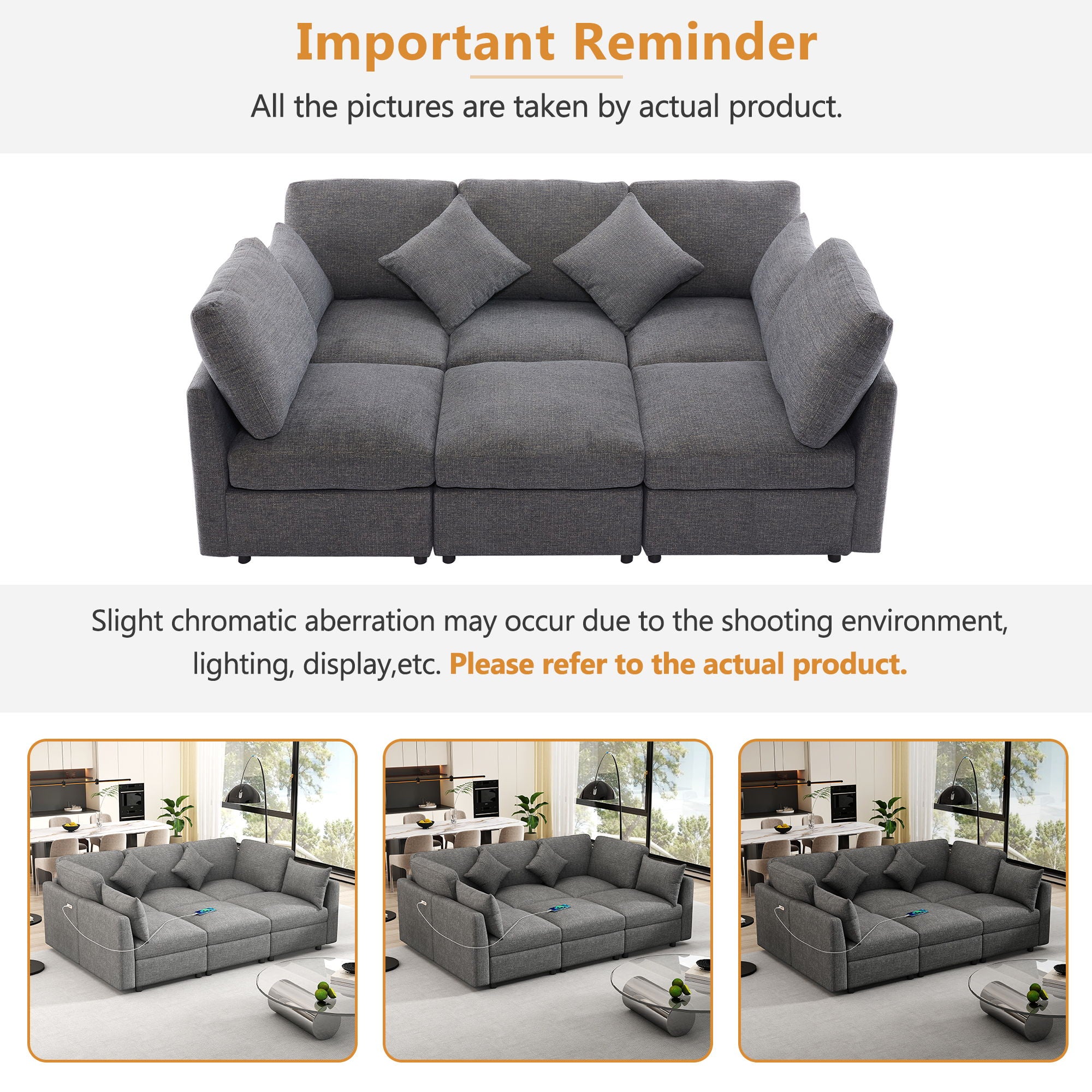 Sectional Sofa Modular U-Shaped With Ottoman & USB Ports