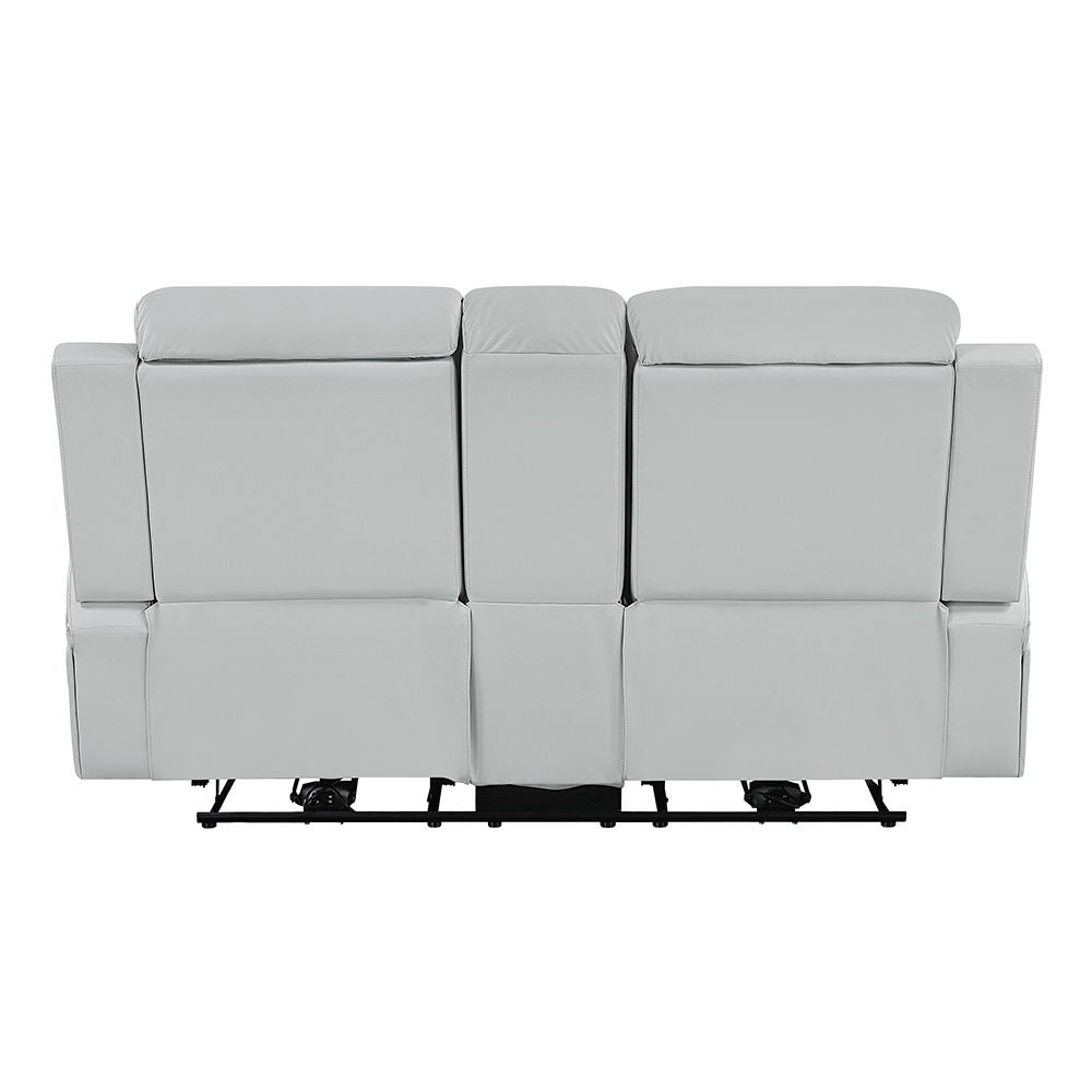 Elonzo - Power Motion Loveseat With Console, LED, Power Headrest & Speaker - Light Gray