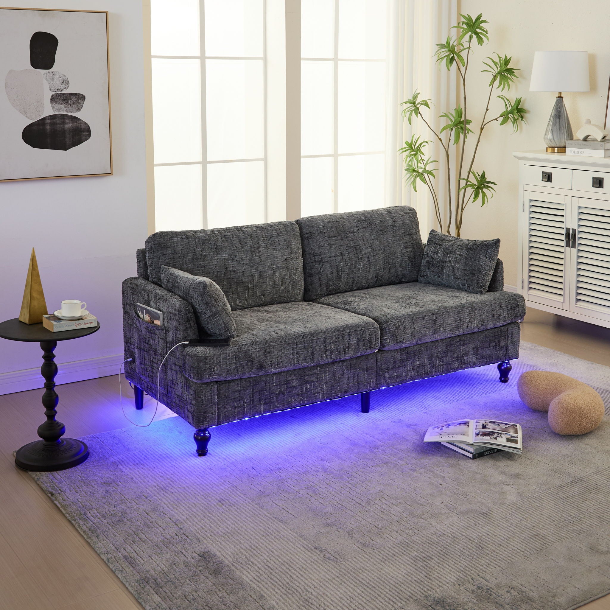 Chenille 2 Seater Sofa With LED Light, USB Charging Port, And Storage Bag