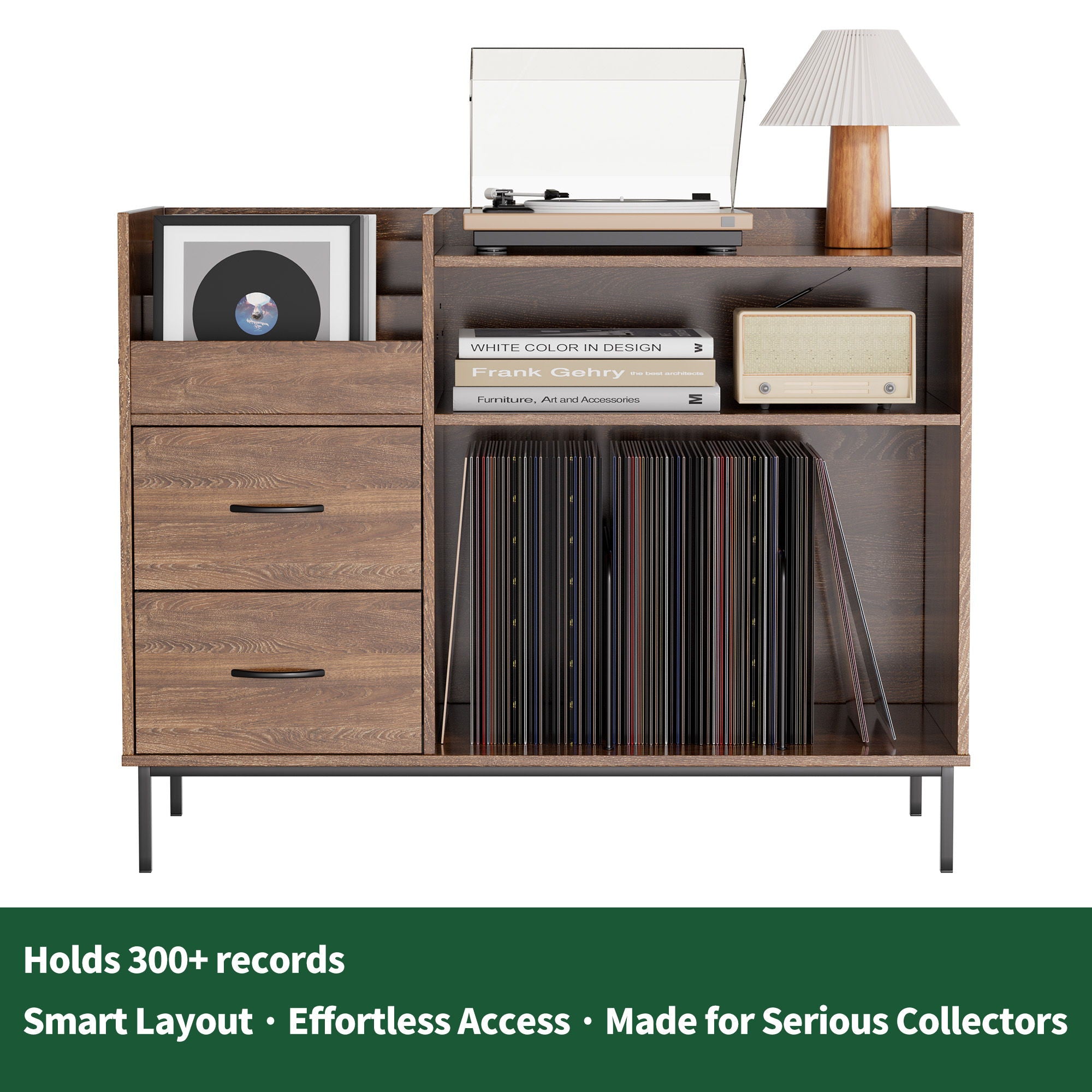 Grain Record Player Stand, Media Console With Speaker Shelf & 2 Drawers