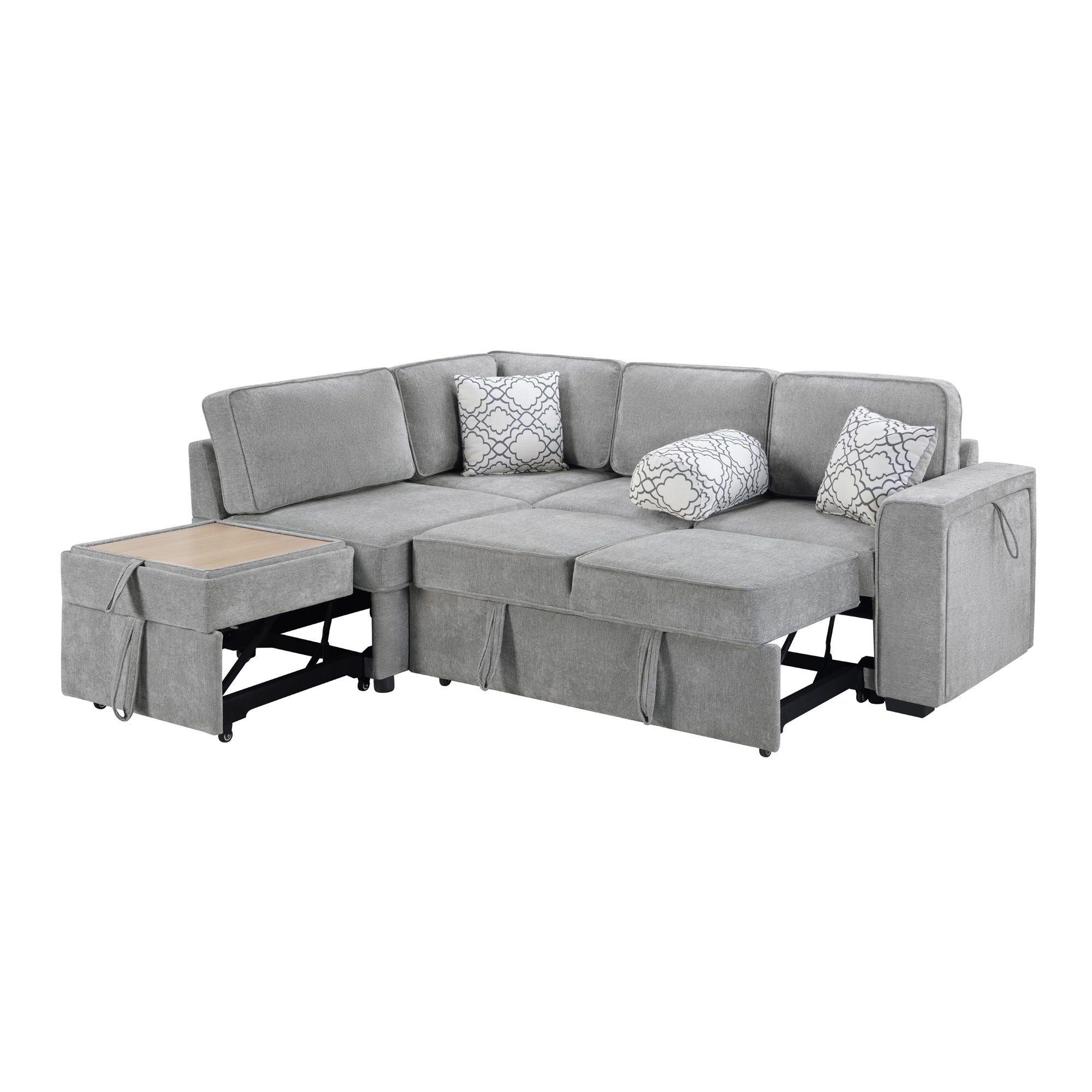 Convertible Sectional L-Shaped Sofa With Dual Pull-Out Sleepers, Flip-Top Table, USB Ports, Cup Holder & Storage