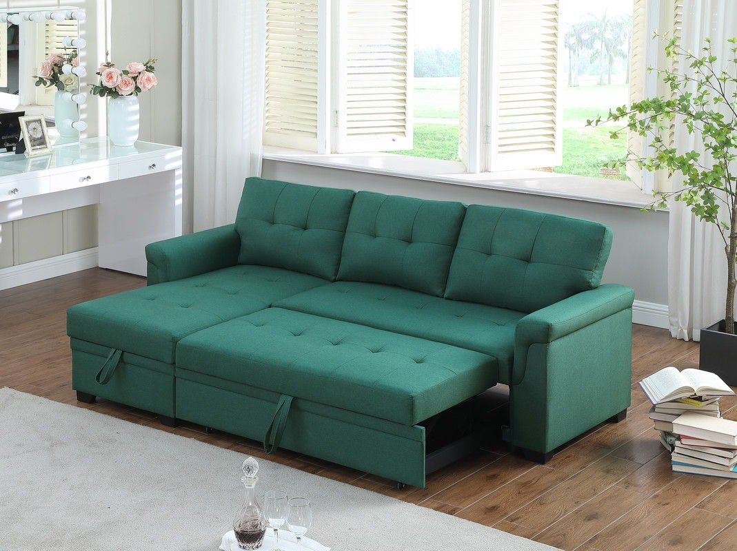Lucca 84"W Green Linen Reversible Sleeper Sectional Sofa with Storage Chaise