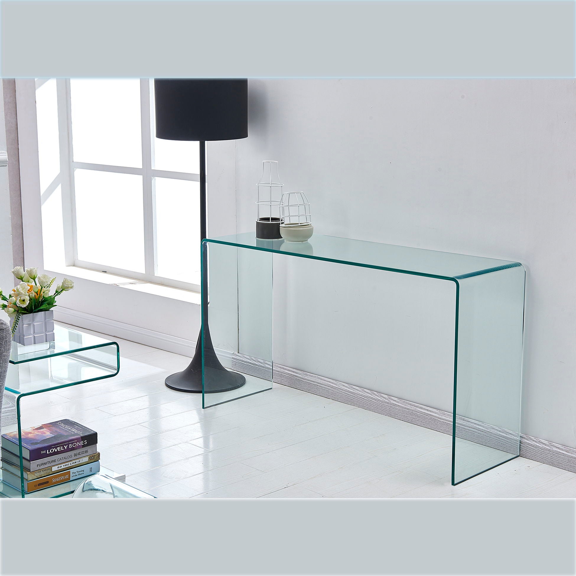 Elegant Transparent Tempered Glass Console Table With Rounded Edges, Modern Sofa Table - Clear