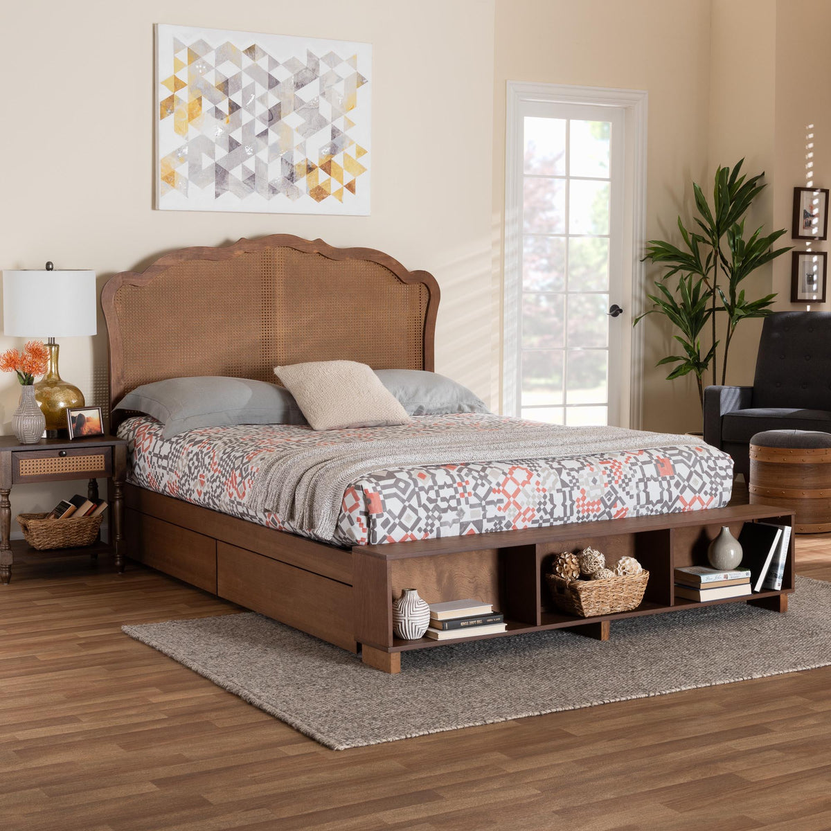 Latrell Mid-Century Walnut Brown Wood and Rattan Queen Size Storage Bed
