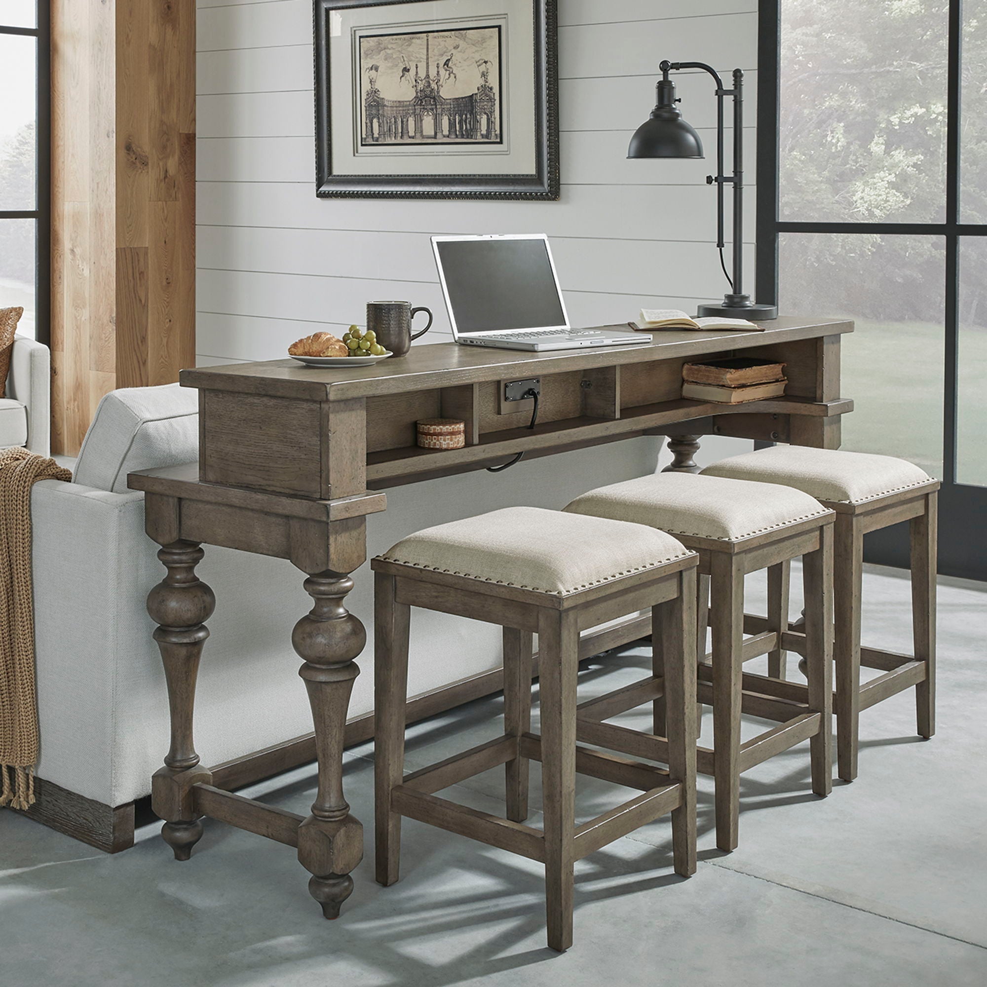 Liberty Furniture Americana Farmhouse - 4 Piece Console Set (Console 3 Stools) - Light Brown | Meri Furniture