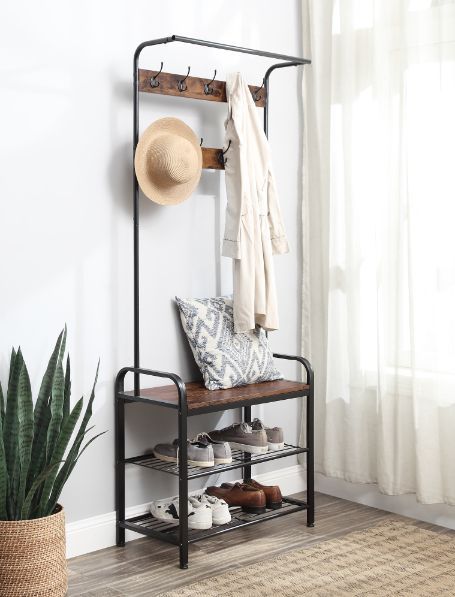 KD• 1 Hanging Rail• 9 Metal Hooks• 2 Tier Mesh Metal Shelf & 1 Tier Wooden Shelf