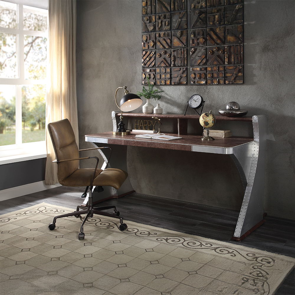 Brancaster - Executive Writing Desk - Retro Brown Top Grain Leather & Aluminum
