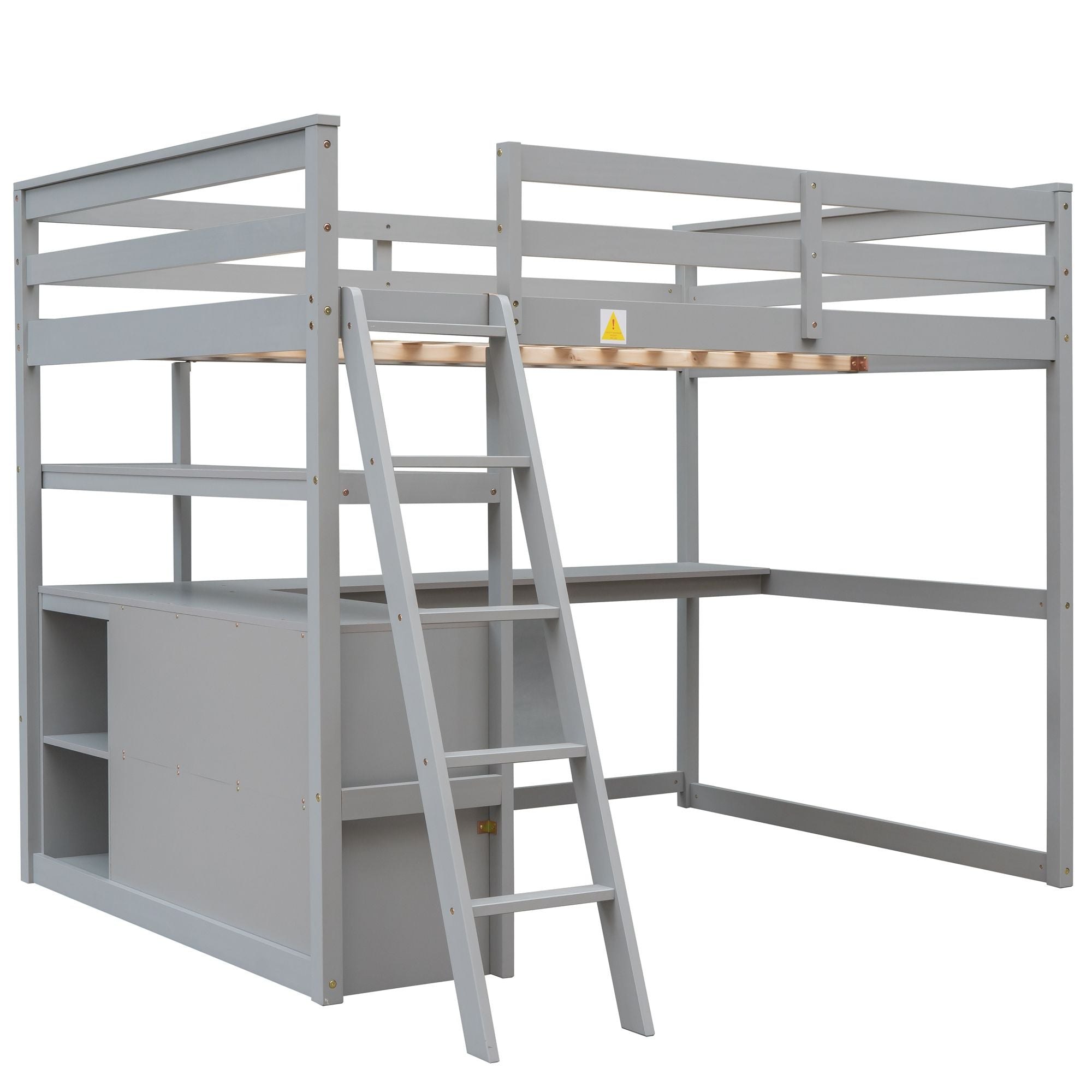 Modern Loft Bed With Built In Desk, Shelves, And 2 Drawers