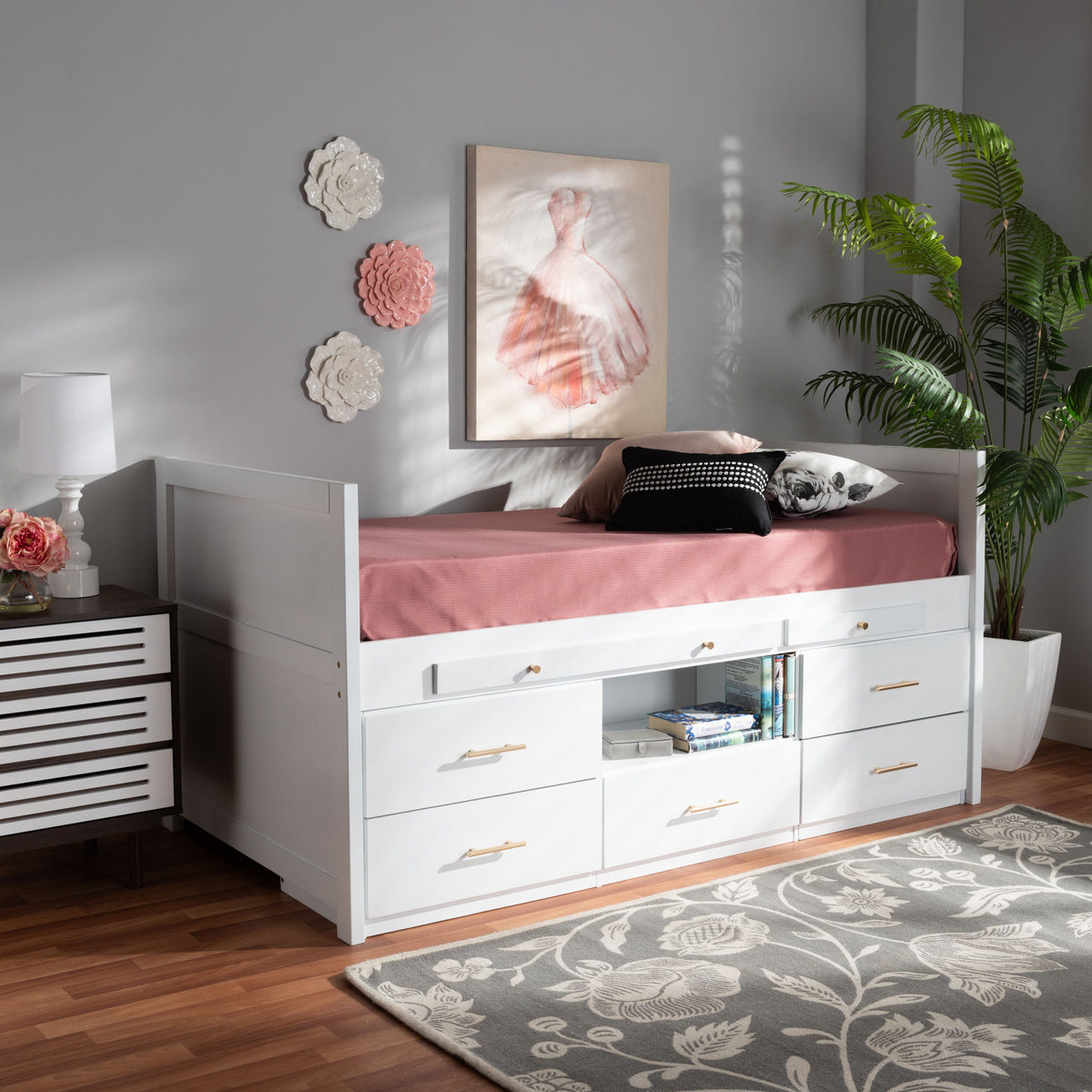 Mirza Modern and Contemporary White Finished Wood 5-Drawer Twin Size Storage Bed with Pull-Out Desk