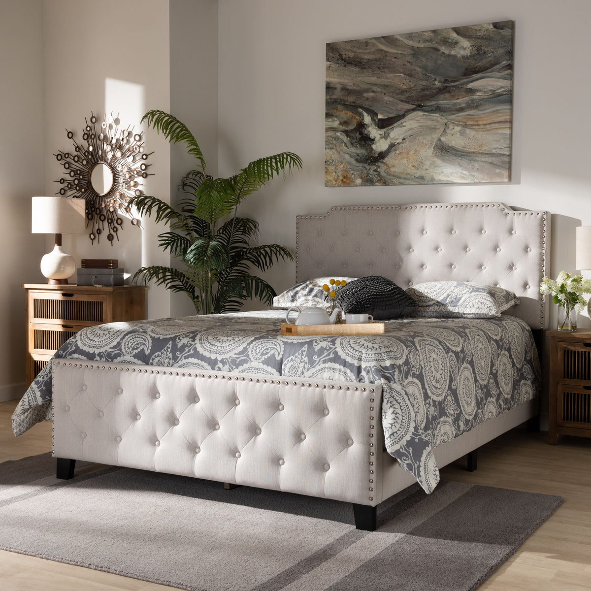 Marion Modern Transitional Beige Fabric Upholstered Button Tufted Full Size Panel Bed