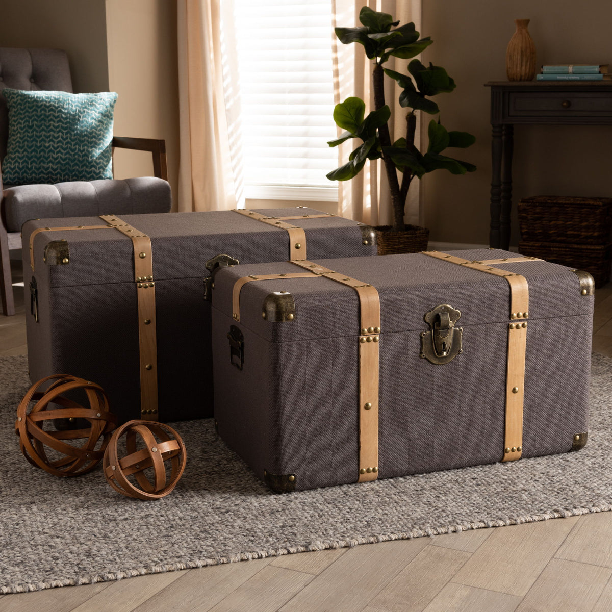 Stephen Modern and Contemporary Transitional Dark Brown Fabric Upholstered and Oak Brown Finished 2-Piece Storage Trunk Set