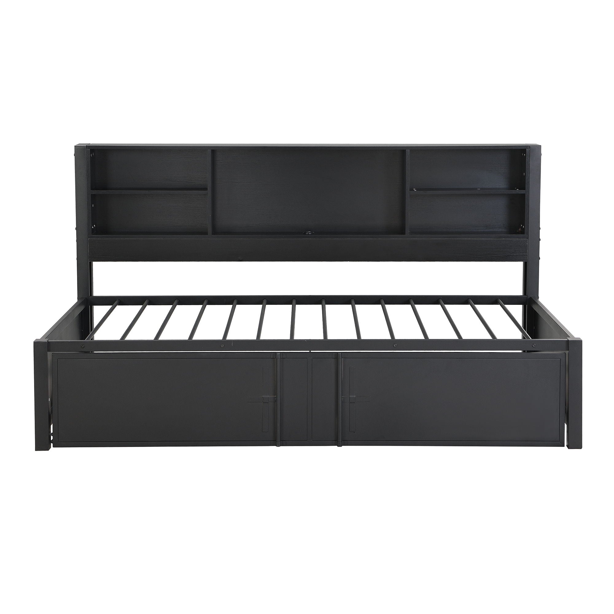 Industrial Metal Daybed With Trundle, Storage Shelves, USB Ports