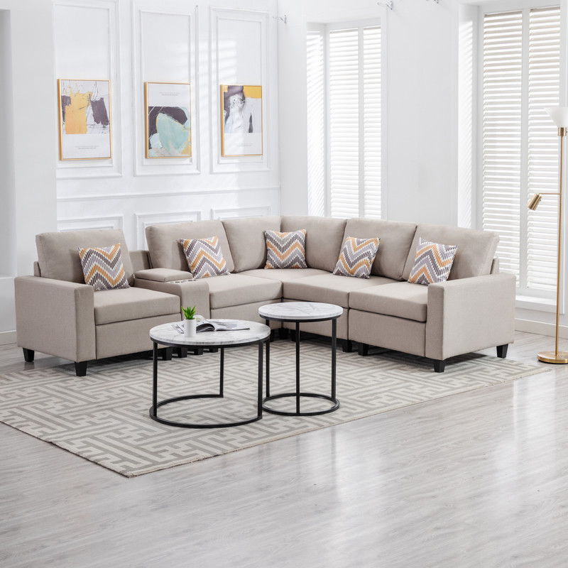 Nolan 106"W Beige Linen Fabric 6Pc Reversible Sectional Sofa with a USB, Charging Ports, Cupholders, Storage Console Table and Pillows and Interchangeable Legs