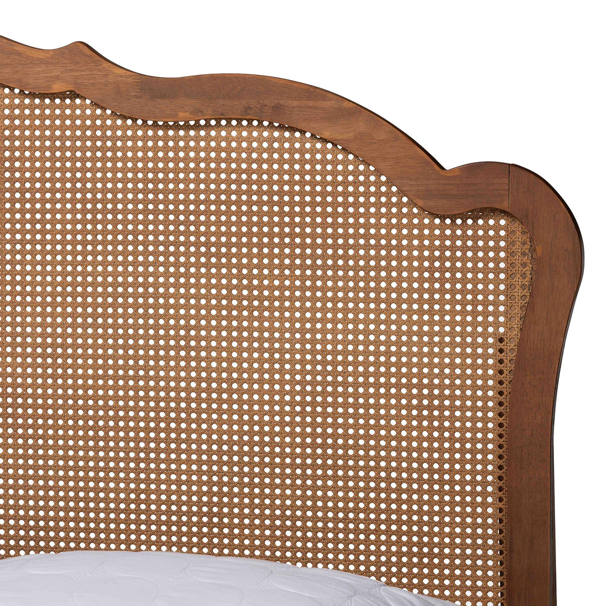 Latrell Mid-Century Walnut Brown Wood and Rattan Queen Size Storage Bed
