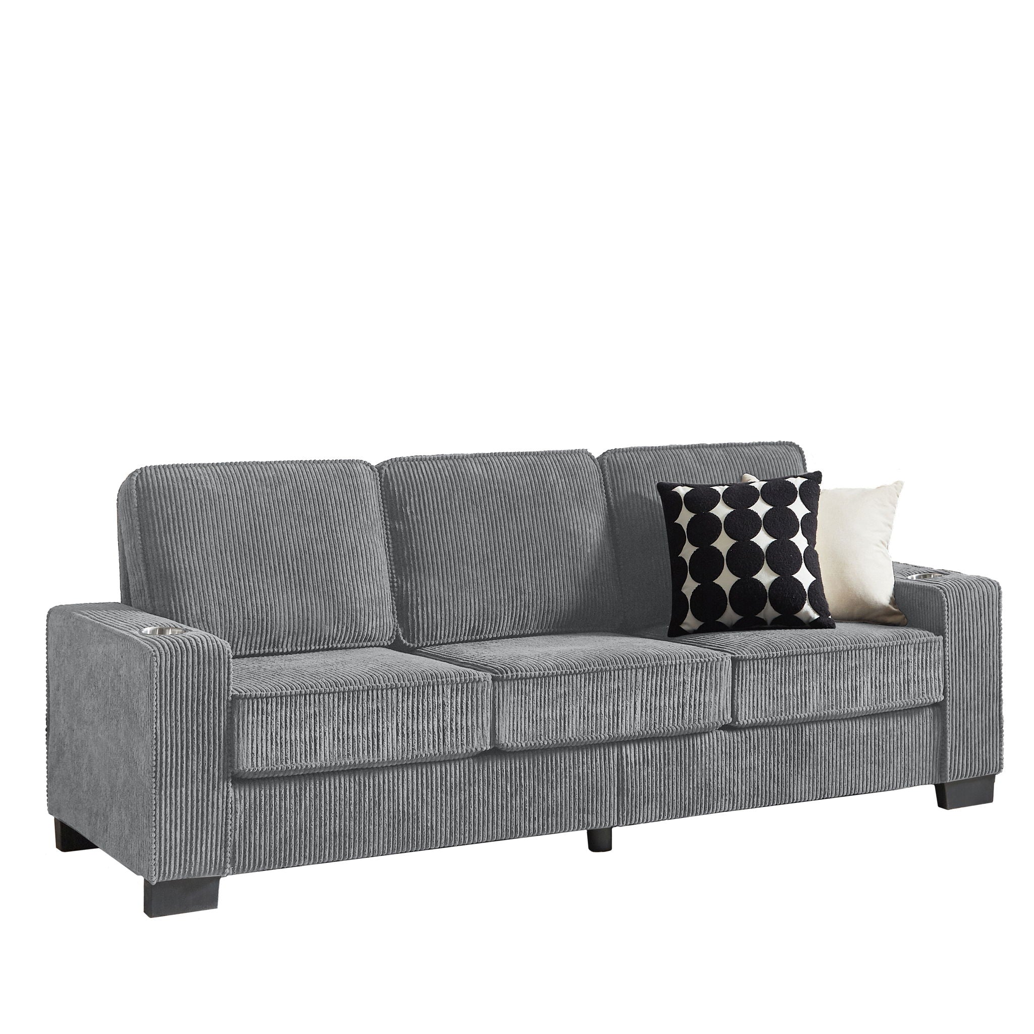 Modern Corduroy Fabric Sofa, 3 Seater Compressed Couch With Cup Holders