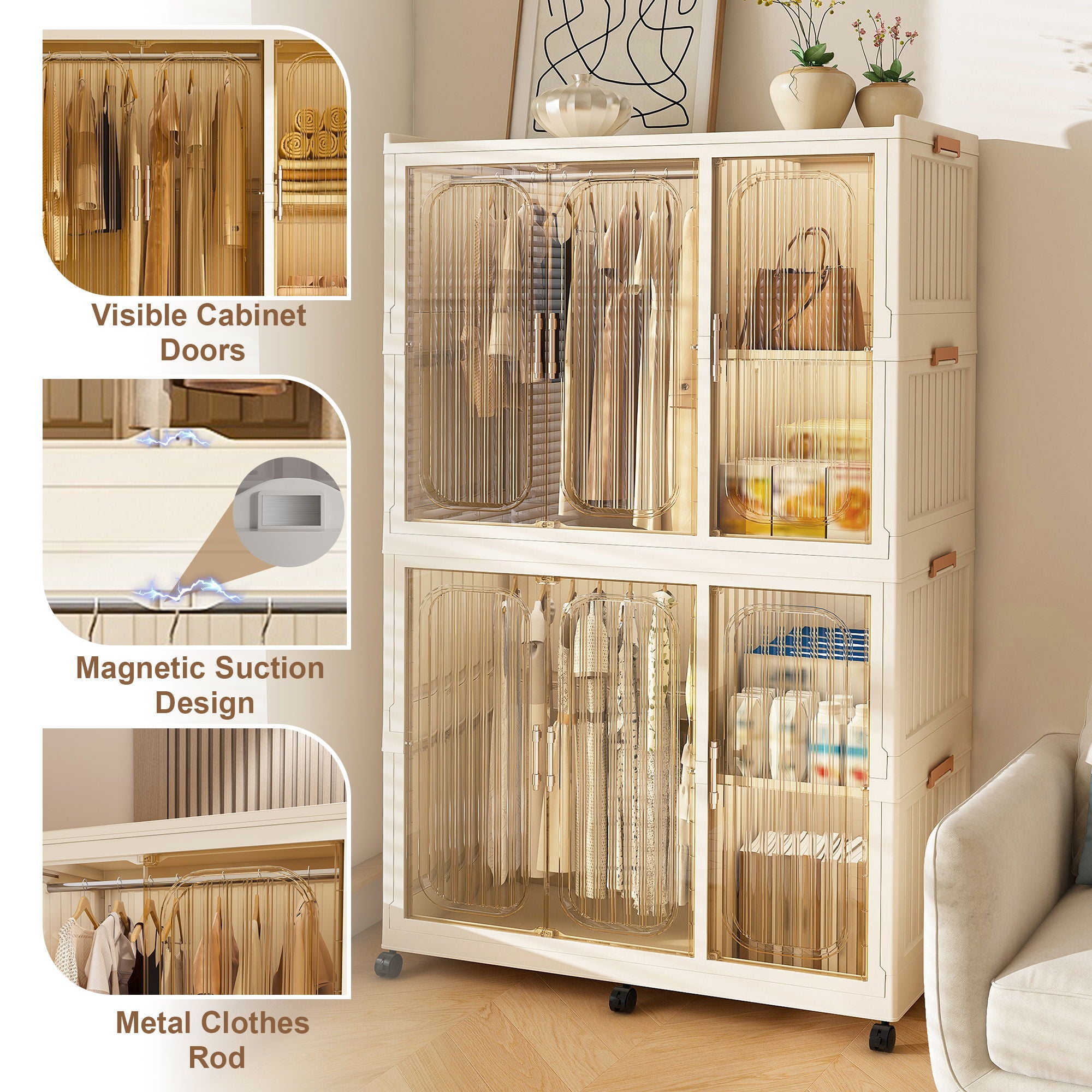 Portable Wardrobe Closet Storage Organizer For Clothes, 6 Magnetic Doors With 6 Cubes & 2 Hanging Rods, 6 Hangers - Cream White
