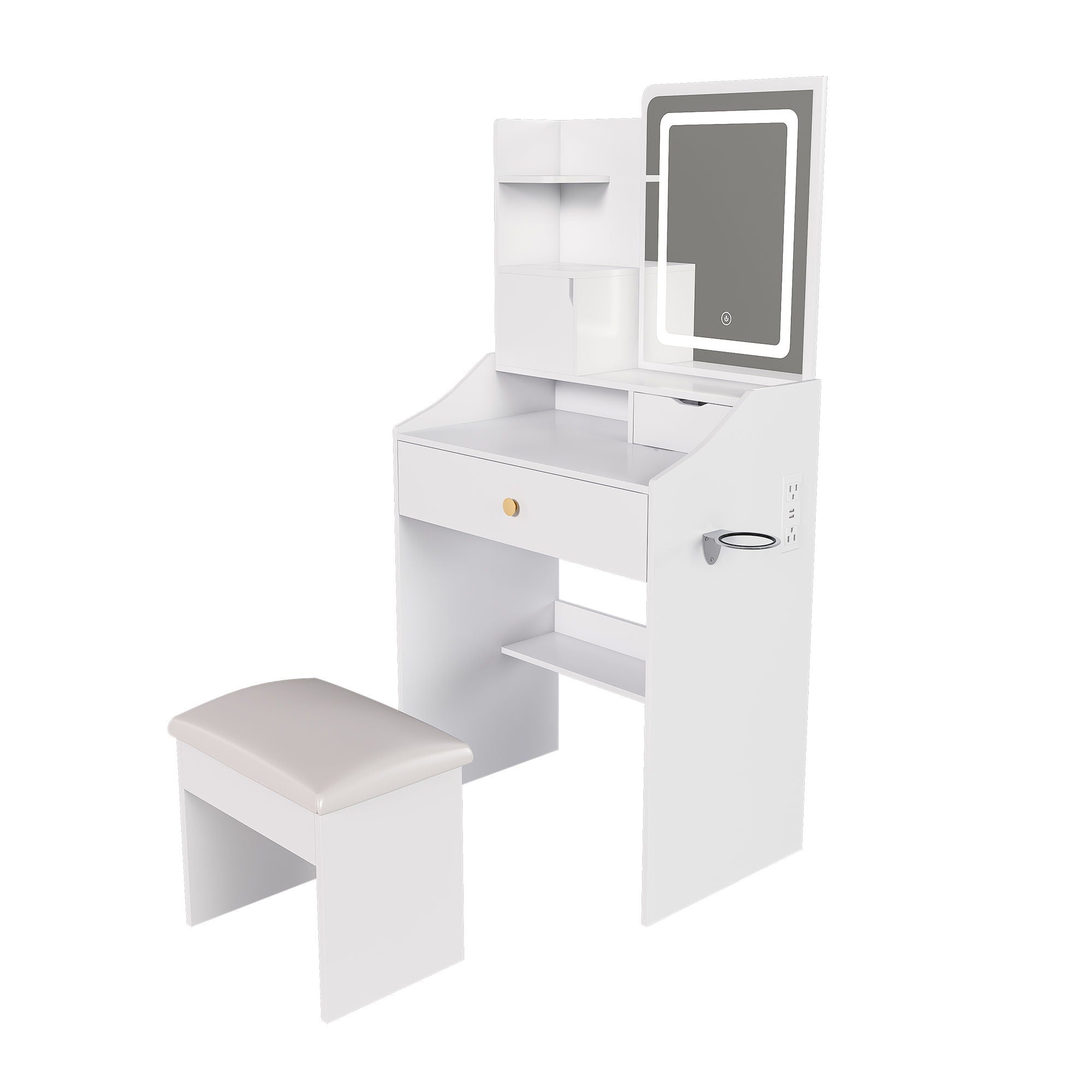 3 Color LED Vanity Mirror With Stool, 2 Drawers & 5 Storage Cabinets, Adjustable Lighting - White