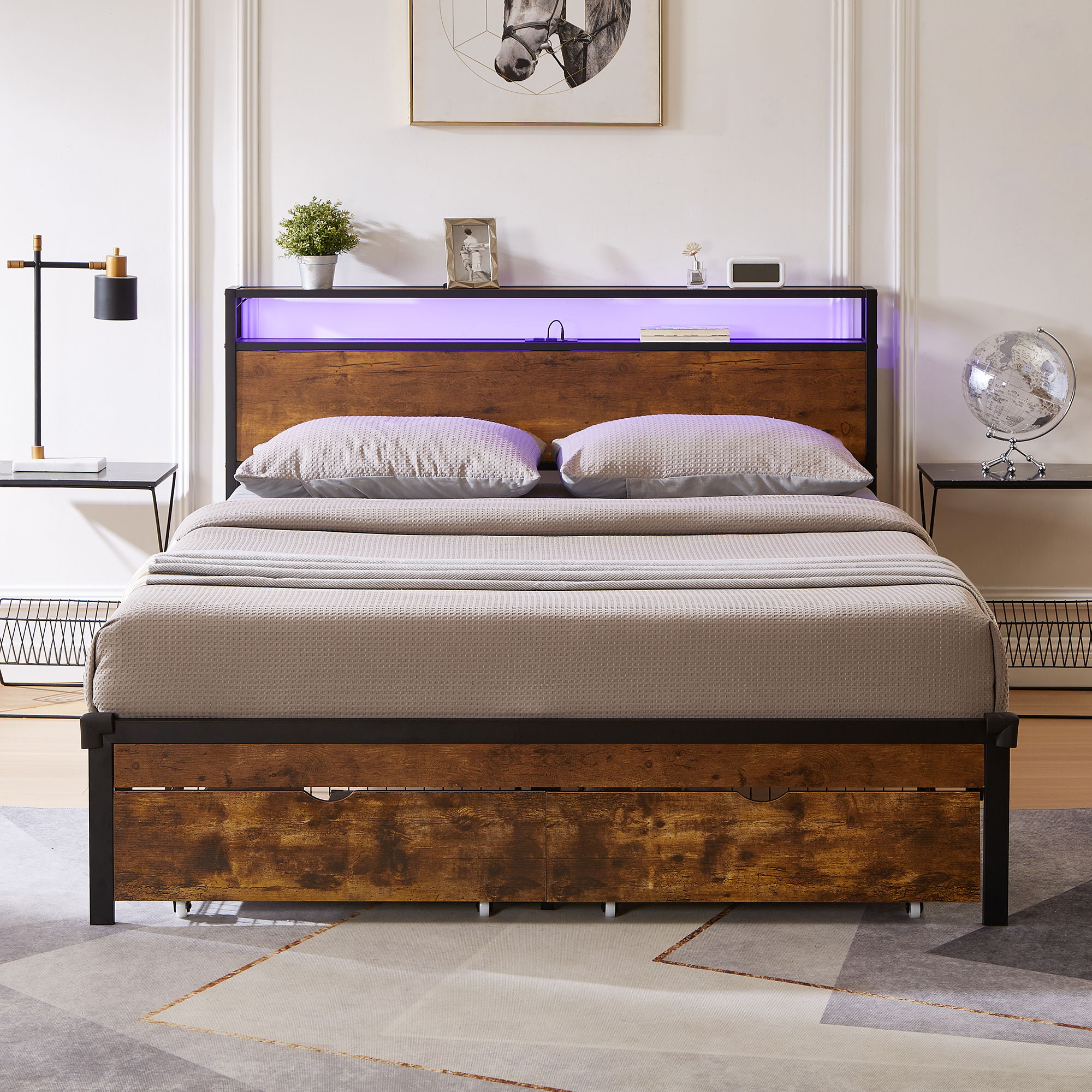 Modern Metal Platform Bed Frame With Wooden Headboard And Footboard, USB Charging Station, LED Lights, 2 Drawers
