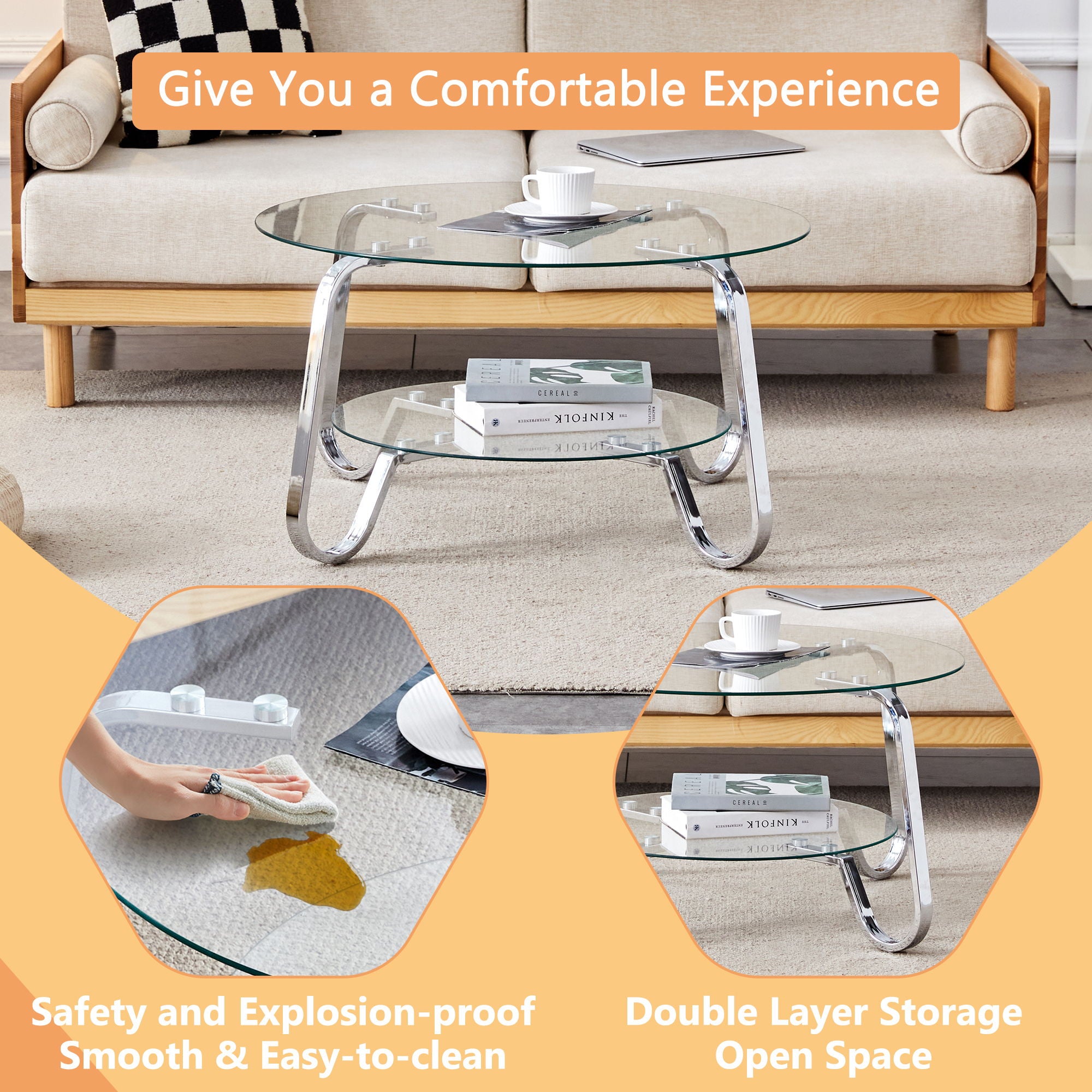 Retro Minimalist Style Metal Frame Double Layer Tempered Glass Coffee Table