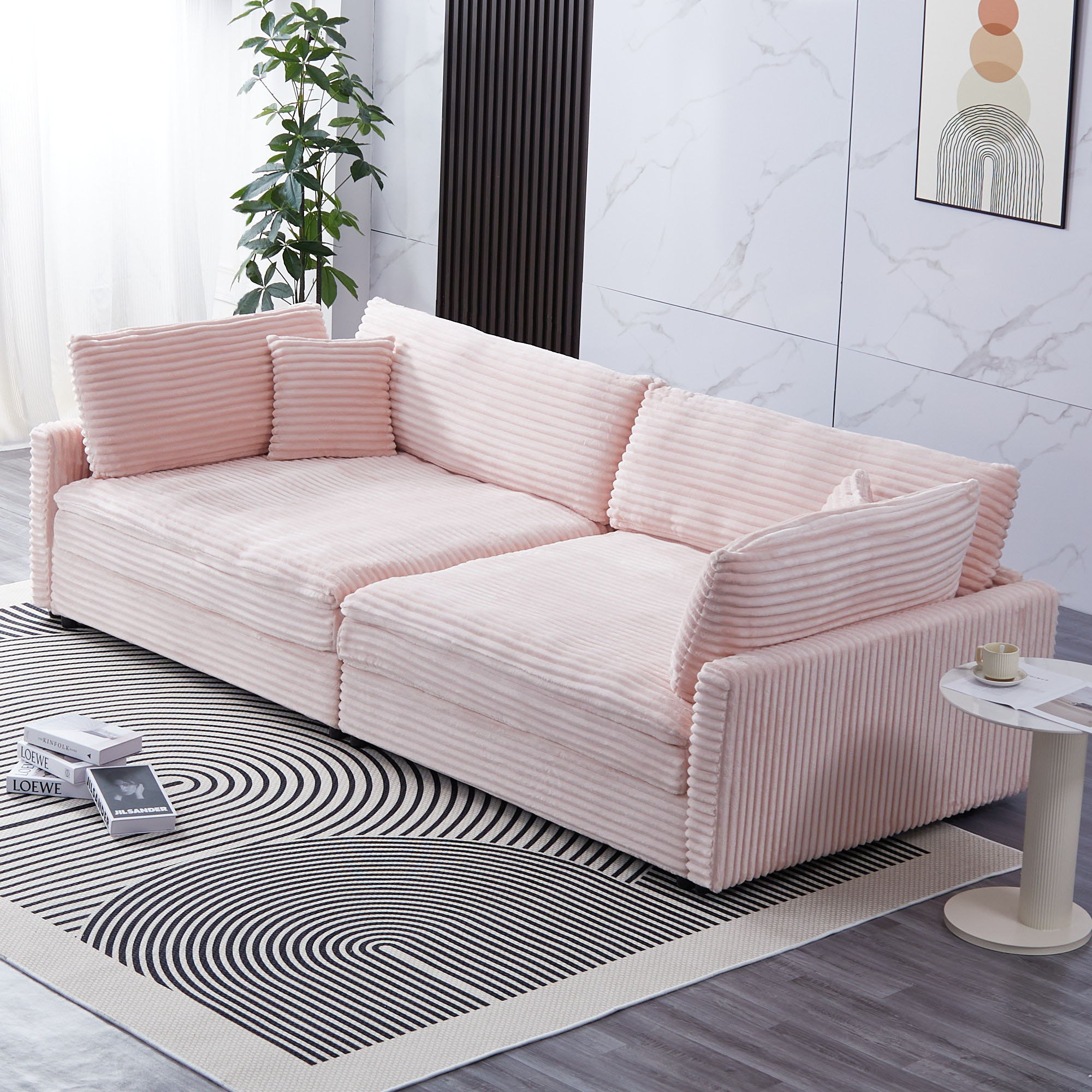 Elegant Corduroy Sofa With Throw Pillows And Backrests