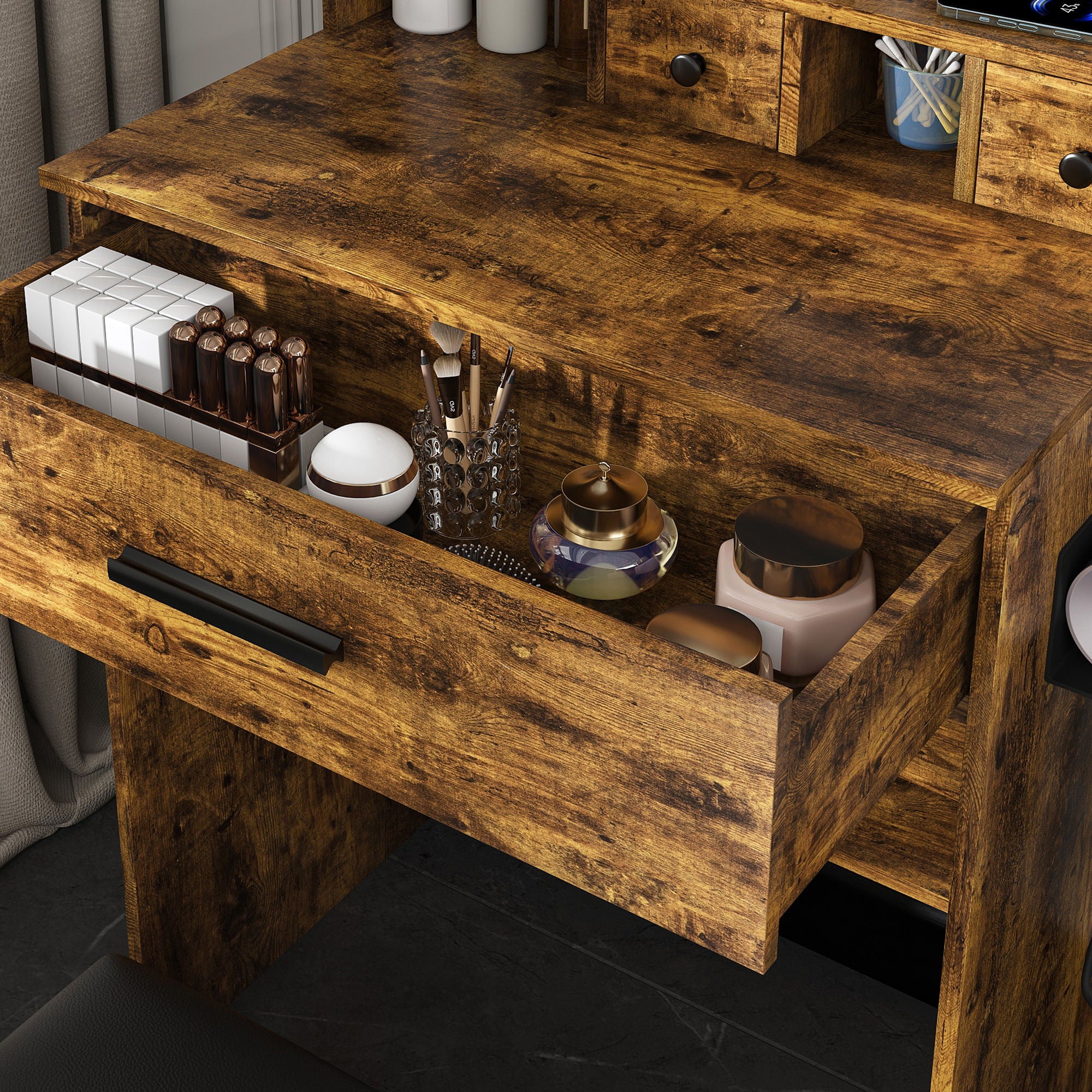 Vanity Table With Mirror, Adjustable LED Lights, Power Outlet, Hairdryer Holder & Stool