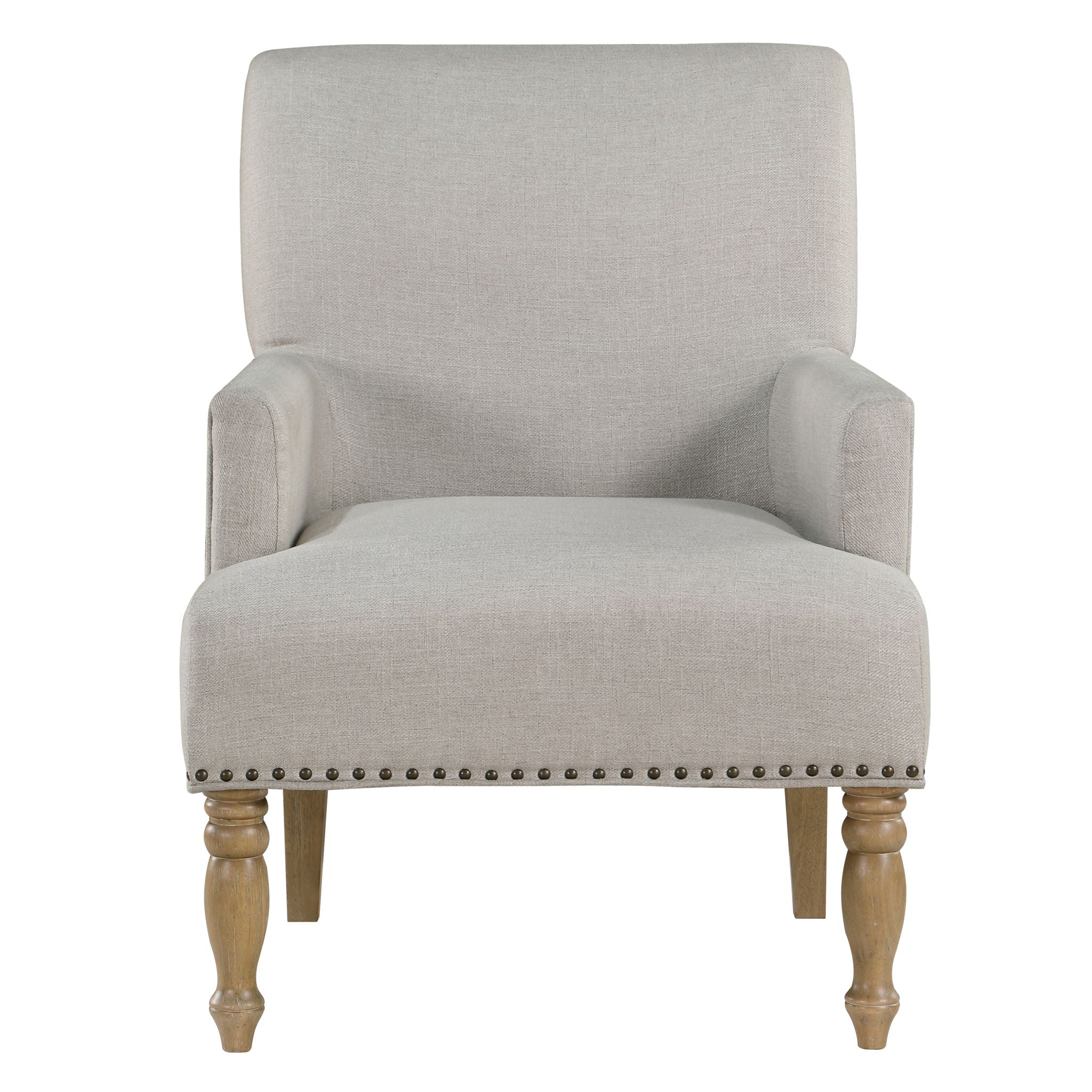 Alice - Upholstered Arm Chair With Pecan Legs And Antique Brass Nailheads - Beige