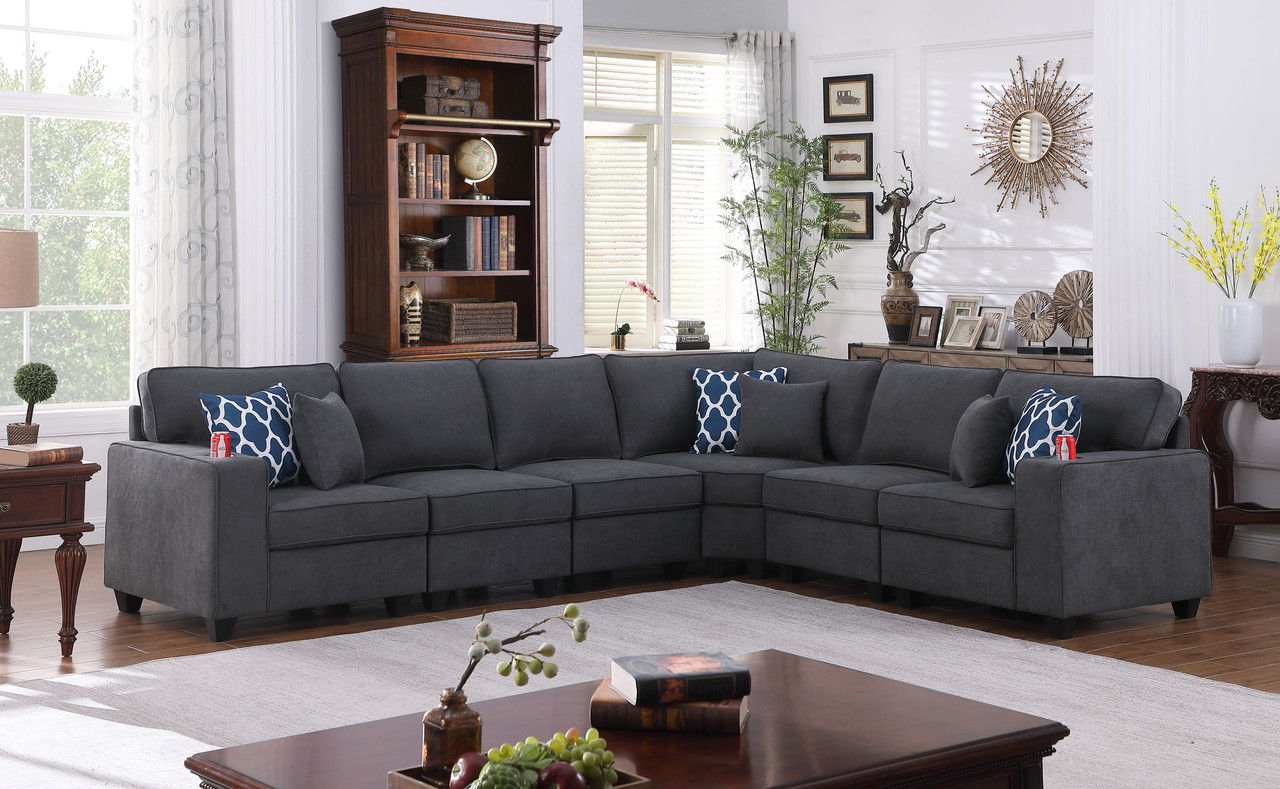 Cooper 125"W Stone Gray Woven Fabric 6Pc Reversible L-Shape Sectional Sofa with Cupholder