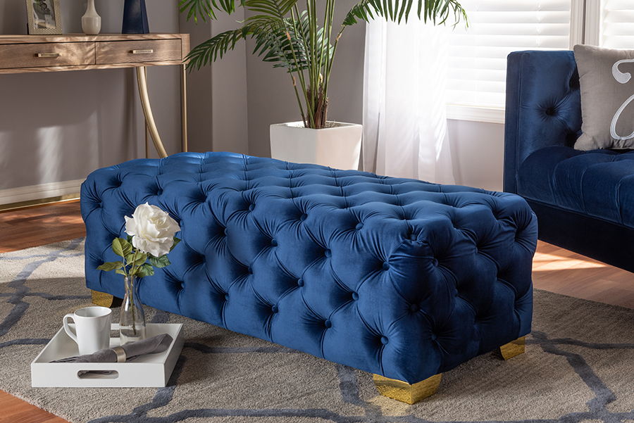 Avara Glam and Luxe Royal Blue Velvet Fabric Upholstered Gold Finished Button Tufted Bench Ottoman