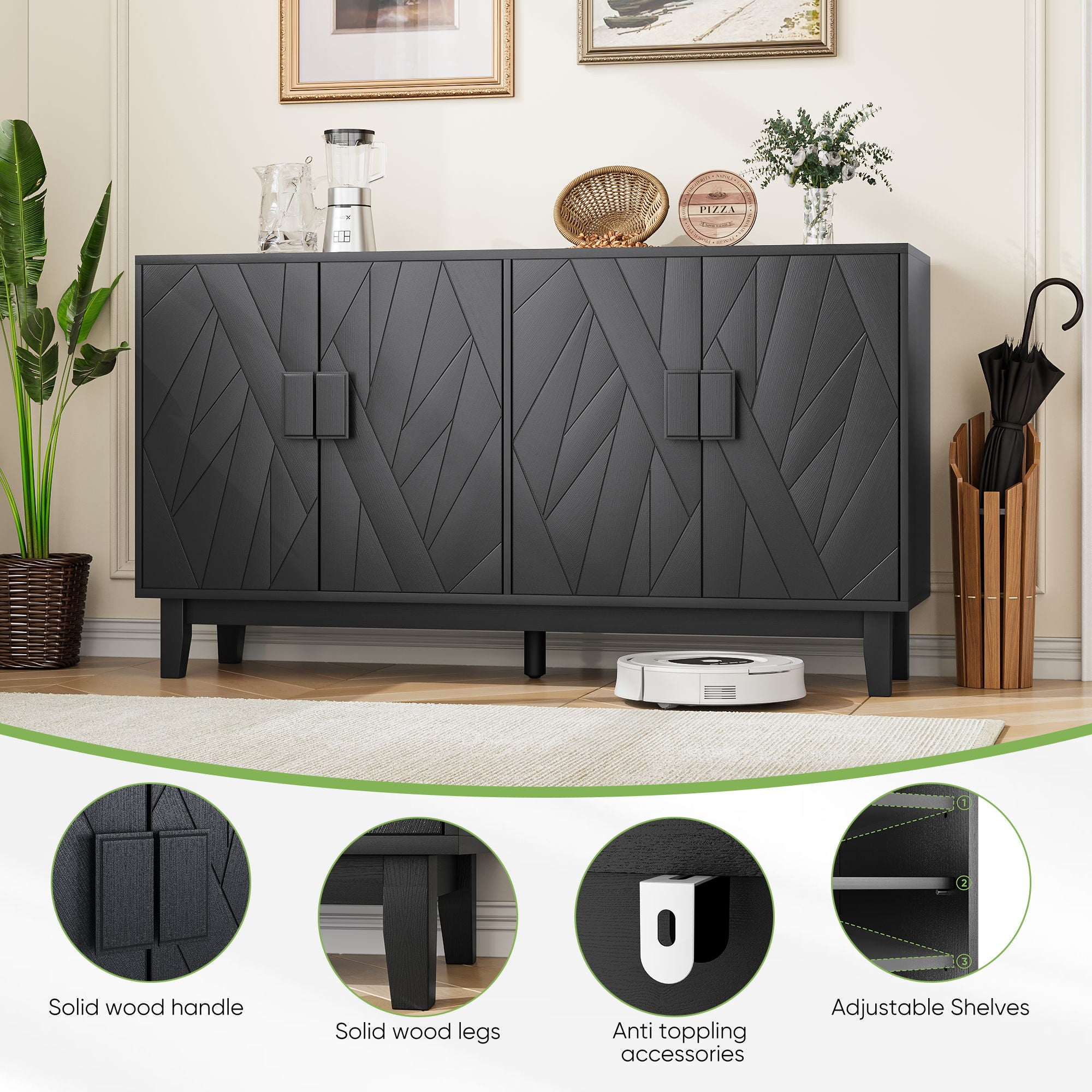 Modern Style Buffet Cabinet, Storage Side Cabinet Buffet Cabinet, Medieval Modern Multifunctional Decorative Cabinet Suitable For Living Room, Dining Room, Entrance, Corridor, Kitchen - Black