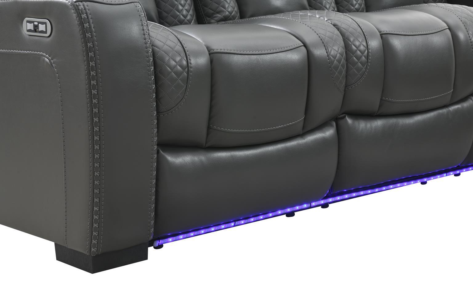 U93 - LED Power Reclining With Power Headrest, And Drop Down Table Sofa - Gray