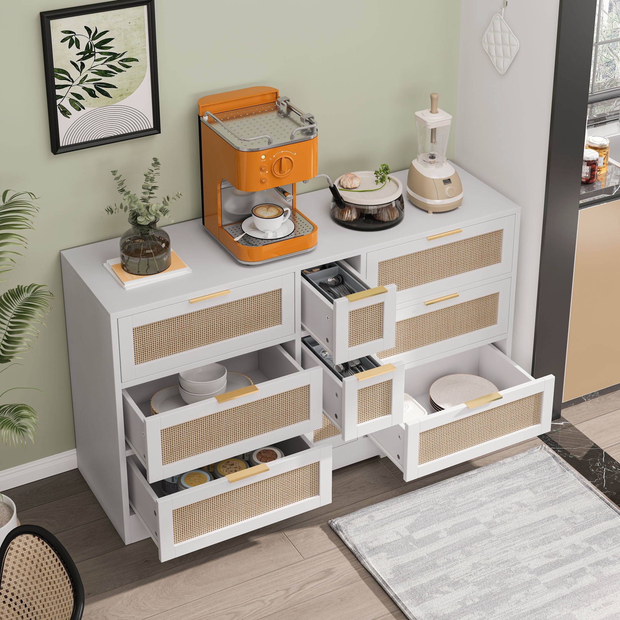 Elegant Rattan Locker With 9 Drawers, Metal Handles