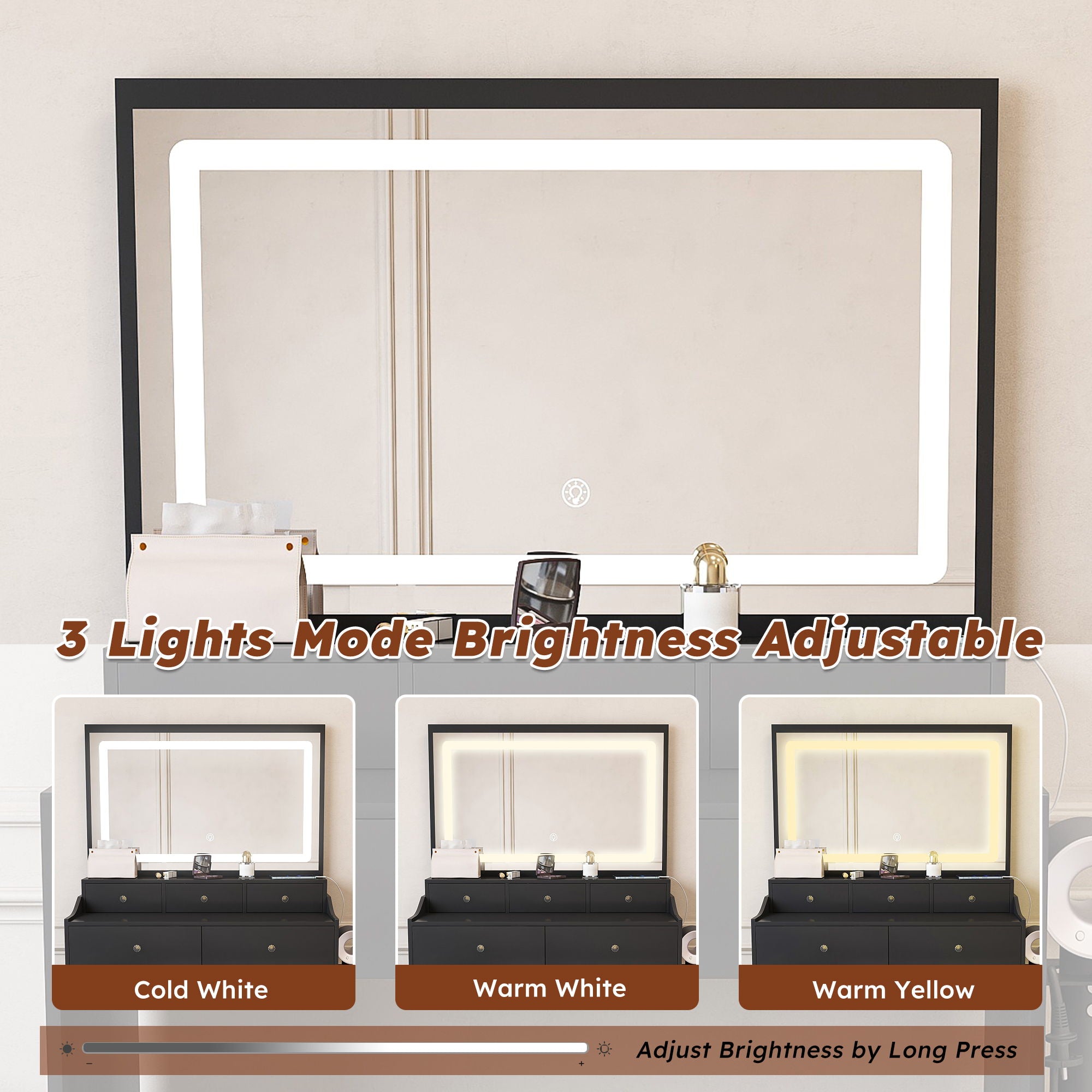 Modern Makeup Vanity Set With Power Outlet, Hair Dryer Holder, And Adjustable Lighting