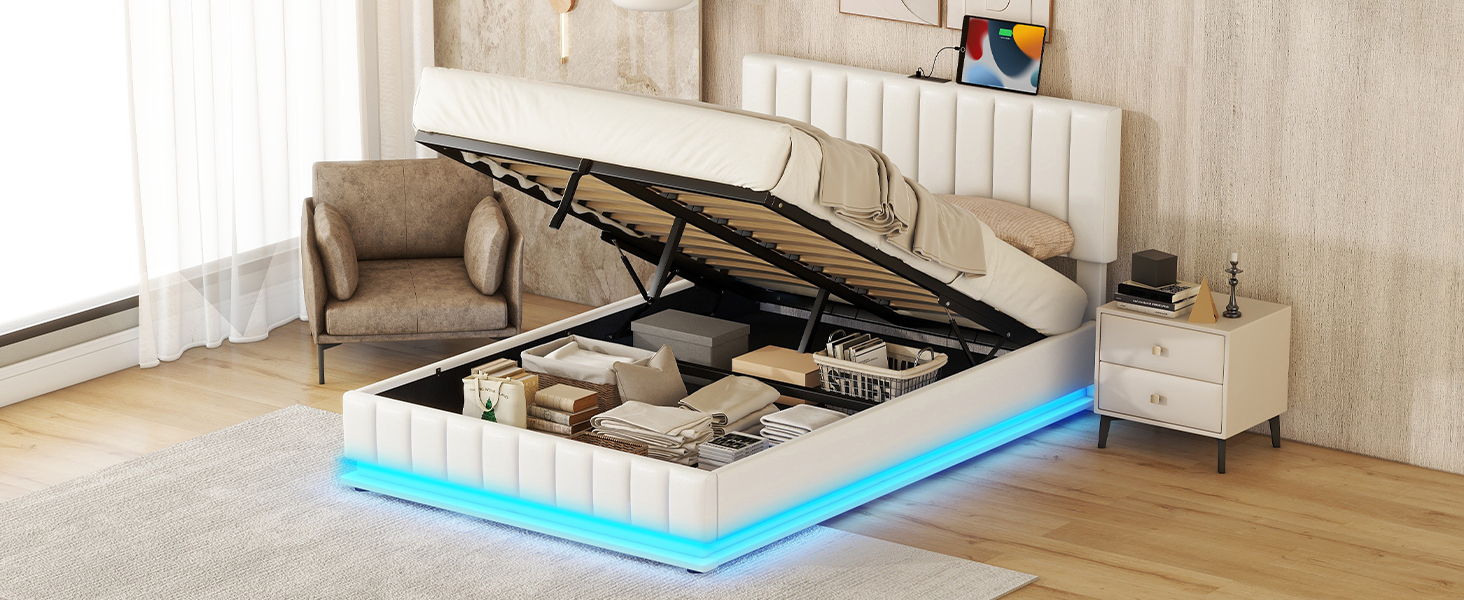 Upholstered Bed With Hydraulic Storage System And LED Light, With Sockets And USB Ports