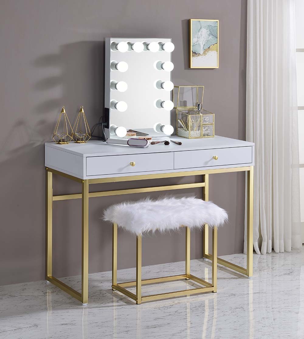 ACME Coleen - Vanity Desk - White & Brass Finish | Meri Furniture