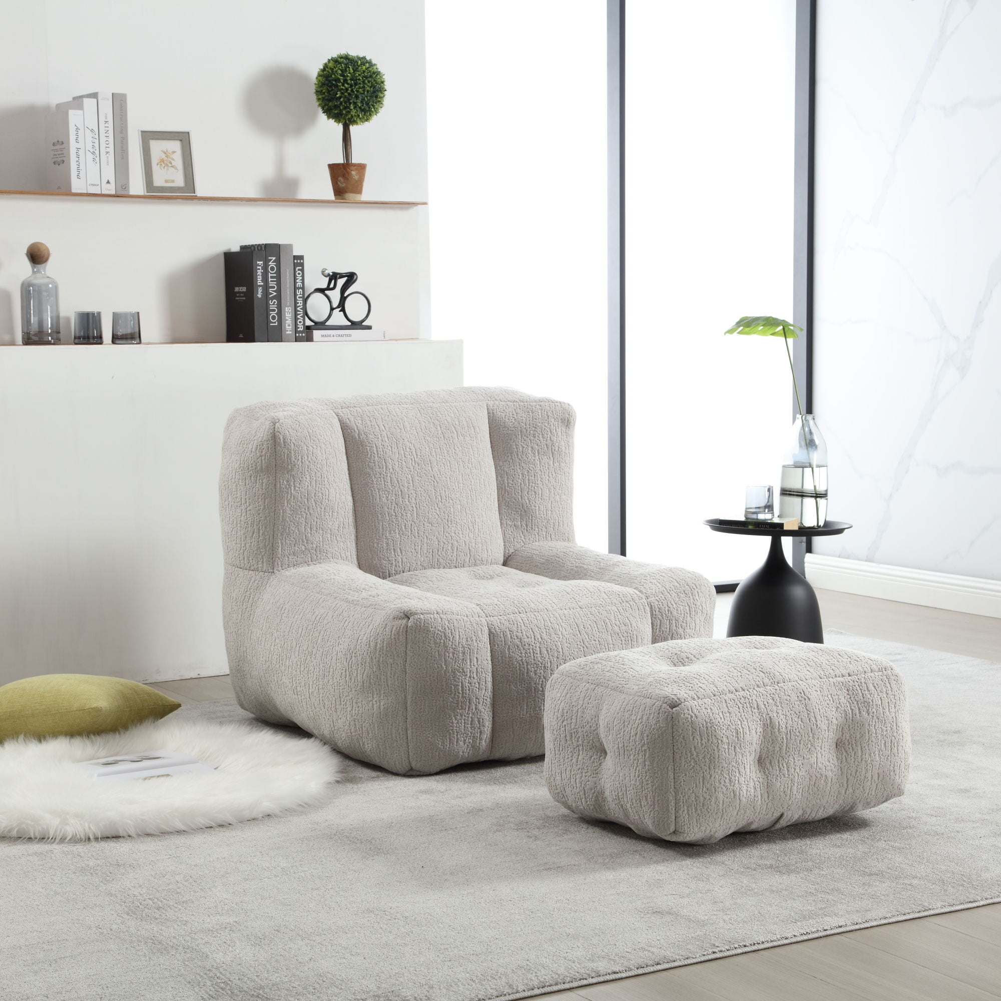 Modern Indoor Fluffy Bean Bag Chair With Memory Foam And Ottoman, Super Soft
