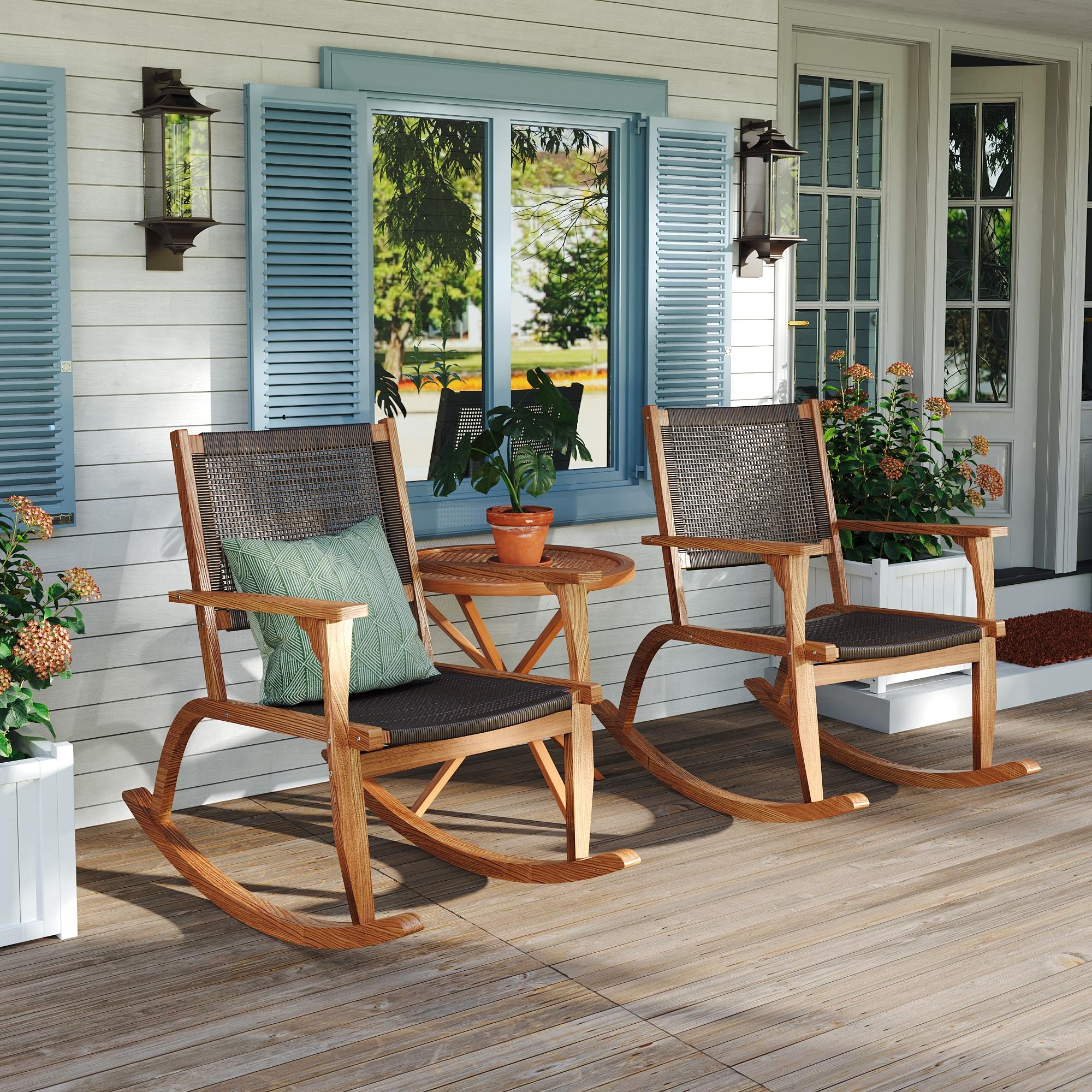 2-Pieces Patio Rocking Chair Set, Acacia Wood Outdoor Rockers with Wicker Rattan Seat & Backrest