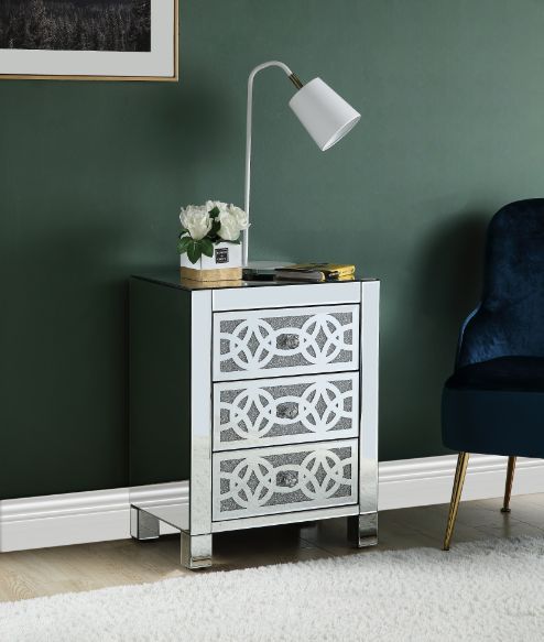 ACME Noralie - Accent Table With 3 Drawers - Mirrored & Faux Diamonds | Meri Furniture