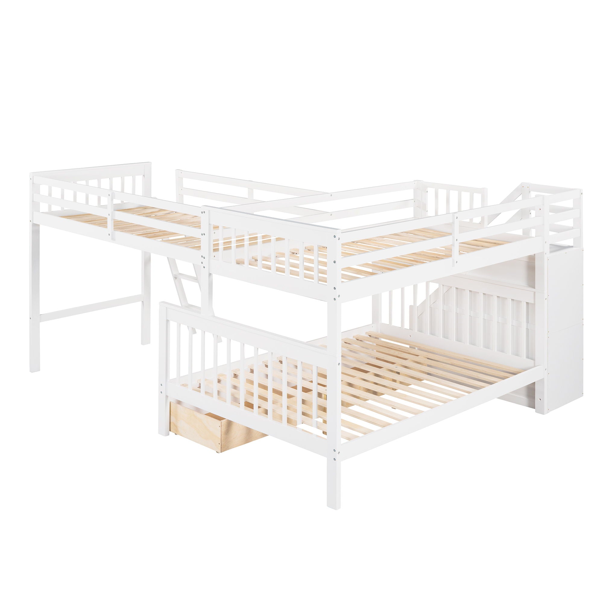 Solid L Shaped Bunk Bed With 3 Drawers, Ladder And Staircase
